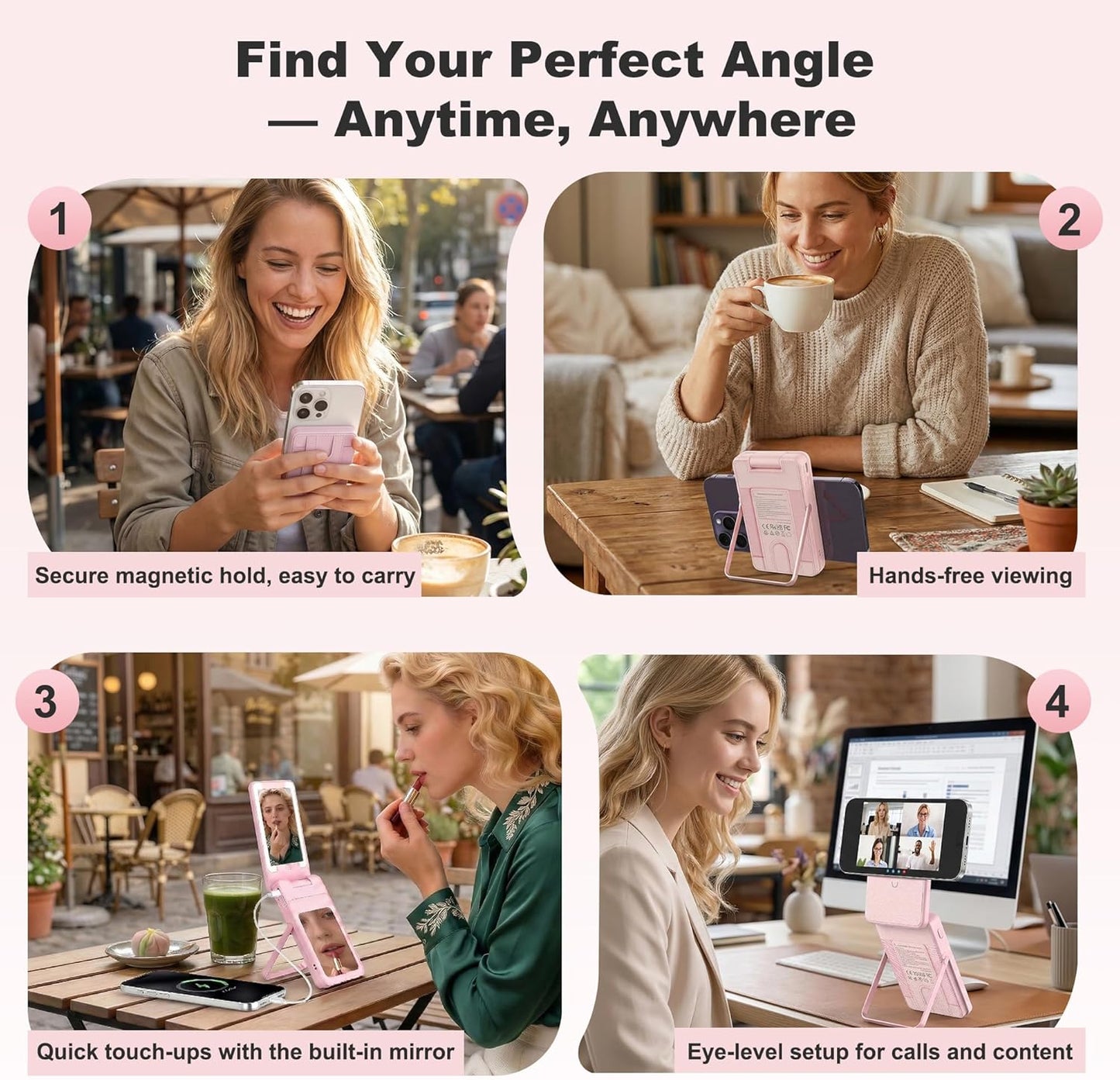 5000mAh Wireless Magnetic Power Bank, for MagSafe Portable Charger with Stand, Light Makeup Mirror, Bluetooth Selfie & USB-C Cable for iPhone17/16/15/14/13/12 Pink Travel Essential for Women