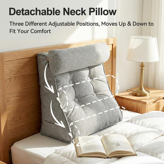 23" H Bed Wedge Reading Pillow with Adjustable Headrest, Reading Pillow for Sitting in Bed Couch Adult Backrest Pillow for Neck Back Lumbar Support with Removable Washable Cover Dark Gray