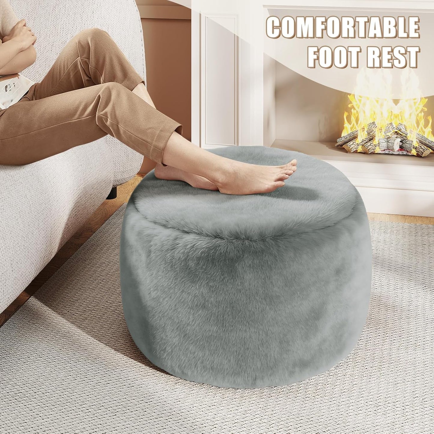 Round Stuffed Pouf Ottoman for Foot Rest, A Round Modern Foam Filled Poufs, Floor Chair for Living Room, Nursery, Dorm, A Soft Modern Foot Stool Perfect to Rest Your Feet (Grey, 20Inch)