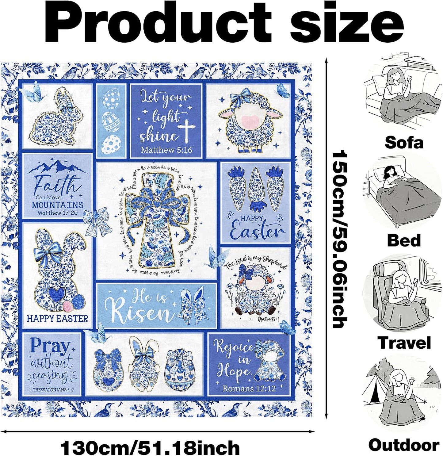 Christian Easter Throw Blanket, Chinoiserie Bunny Eggs Soft Fuzzy Flannel Plush Blanket, Blue Flower Rabbit Throws Blankets for Home Bed Sofa Couch Easter Holiday Birthday Gift 50'' x 60''