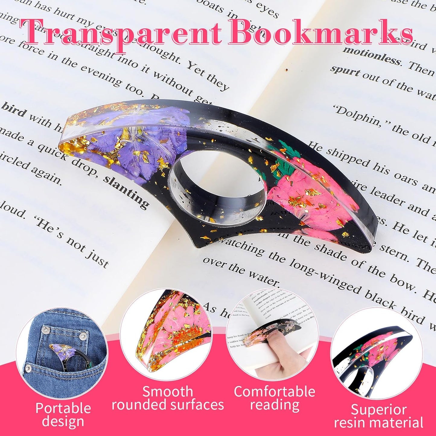 Cobee 4 Pcs Dried Flower Page Holders, Handcraft Thumb Ring Resin Bookmarks, Floral Opener Cute Reading Accessories Gift for Book Lovers