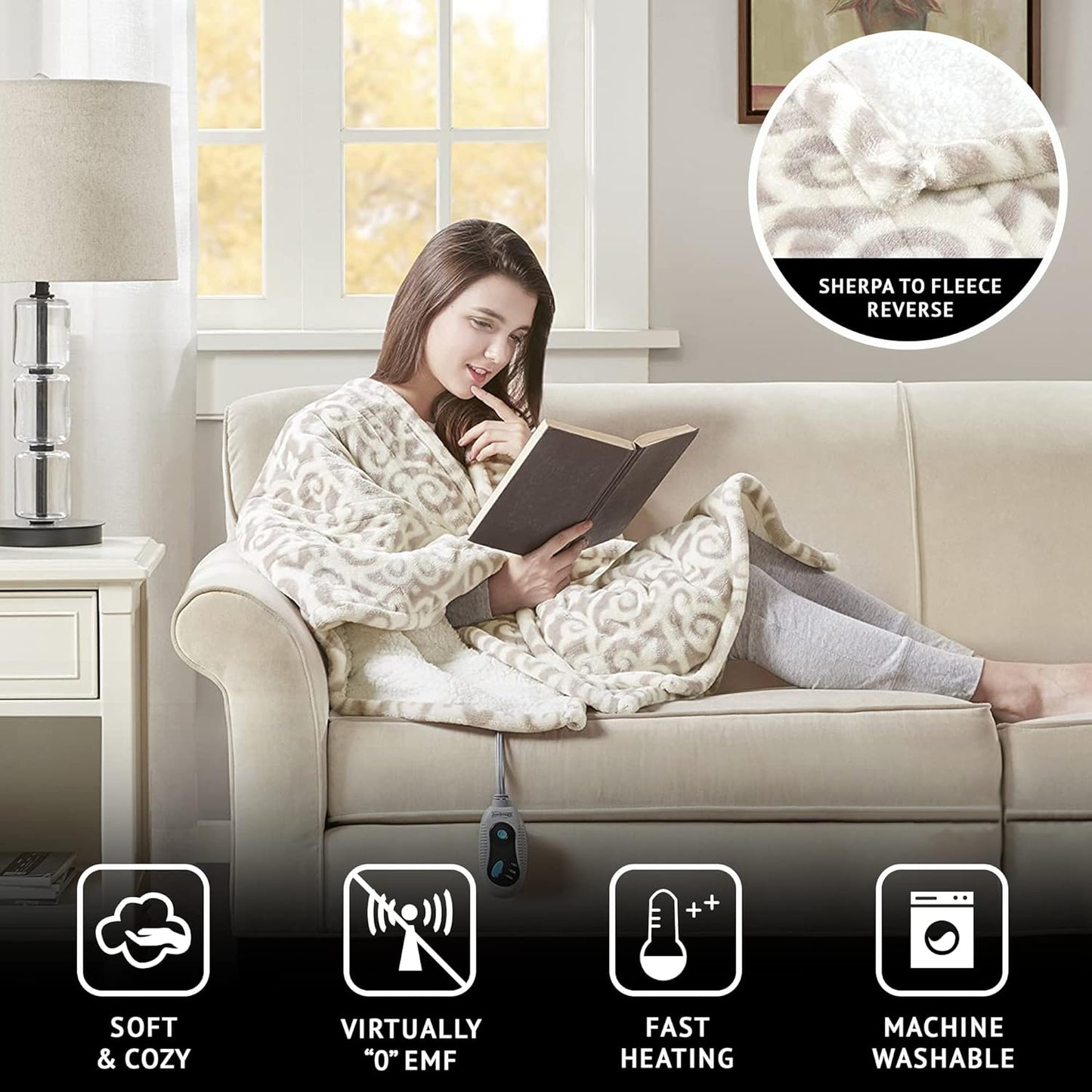 Beautyrest Wearable Electric Poncho Wrap Blanket, Ultra Soft Sherpa & Berber Fleece Heated Throw, UL Certified & Oeko-TEX, 3 Heat Settings & 2 Hour Auto Shutoff, Gift-Ready, 50" x 64", Grey Lattice