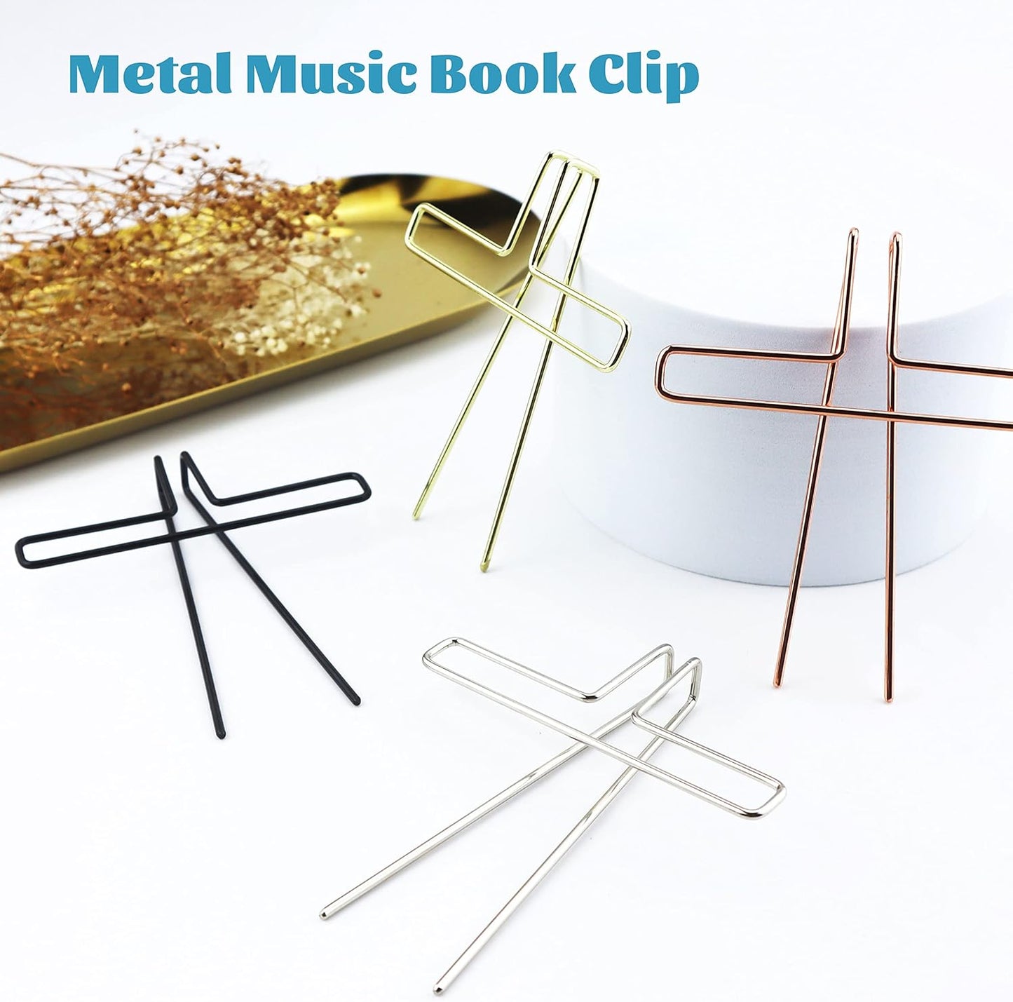 Music Book Metal Clip Pack of 4 Book Page Holder for Reading, 4 Colors Book Opener Piano Sheet Book Accessories Portable Book Open Holder for Book Lovers (Rose Gold, Black, Gold, Silver)
