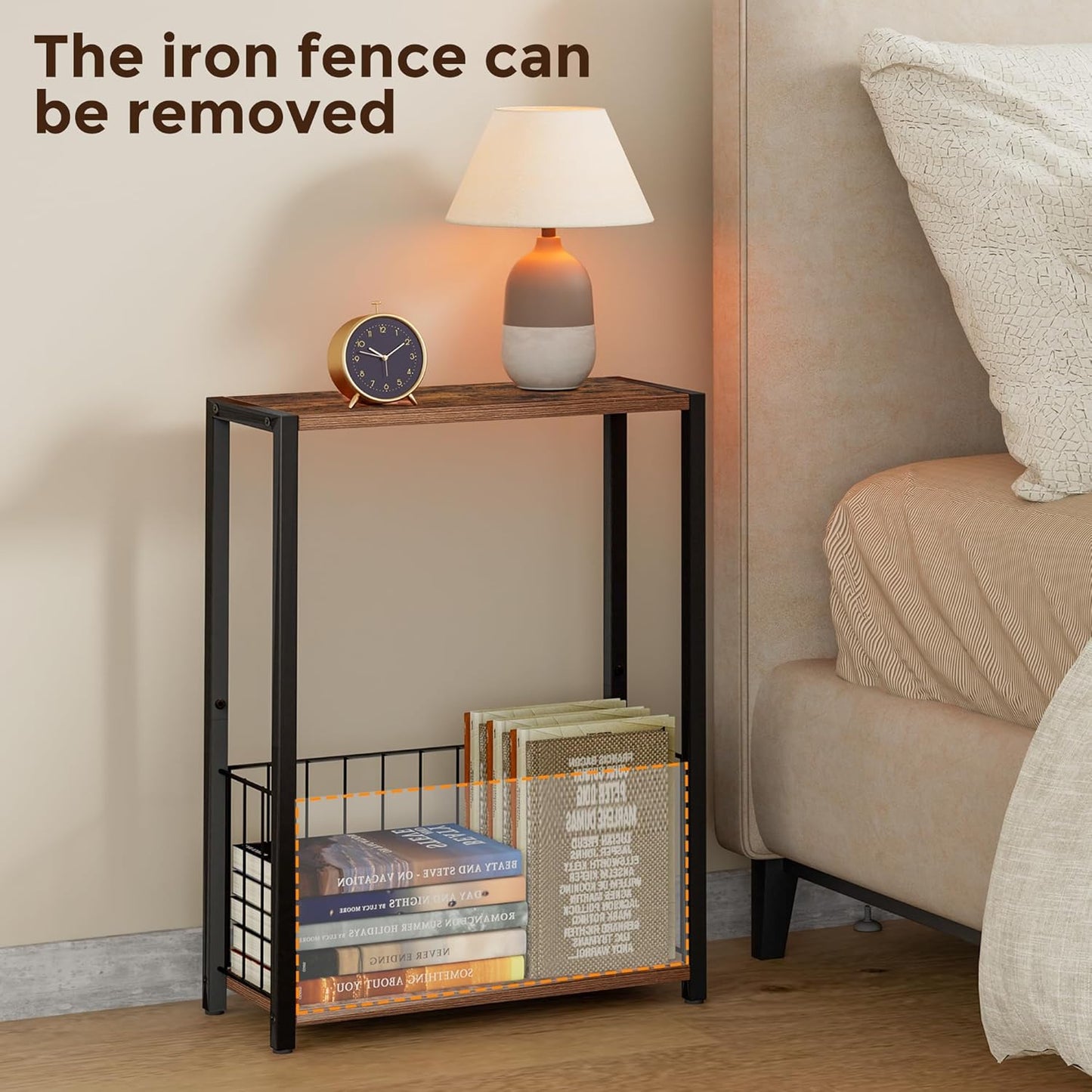 Narrow Side Table with Magazine Holder, Skinny End Table Perfect for Small Spaces, Space-Saving Design for Living Room, Bedroom, or Office, 7.1" D x 16.9" W x 23.6" H, Rustic Brown