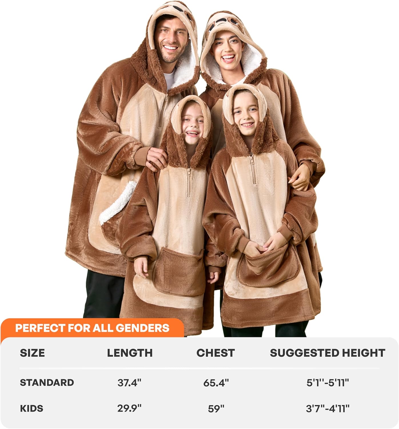 Giggling Getup Wearable Blanket Hoodie for Girls and Boys Sherpa Fleece Hooded Blanket Sweatshirt Warm Cozy Sherpa Wearable Throw Oversized Hoodie with Giant Pocket & Sleeves for Kids Brown Sloth