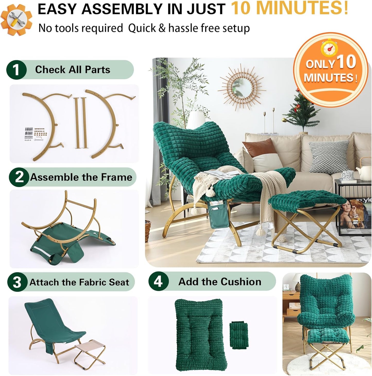 Welnow Dark Green Lazy Chair with Ottoman, Oversized Reading Chair for Adults, Soft Padded Lounge Accent Chair for Living Room, Bedroom, Comfortable Reclining Leisure Chair with Side Pocket