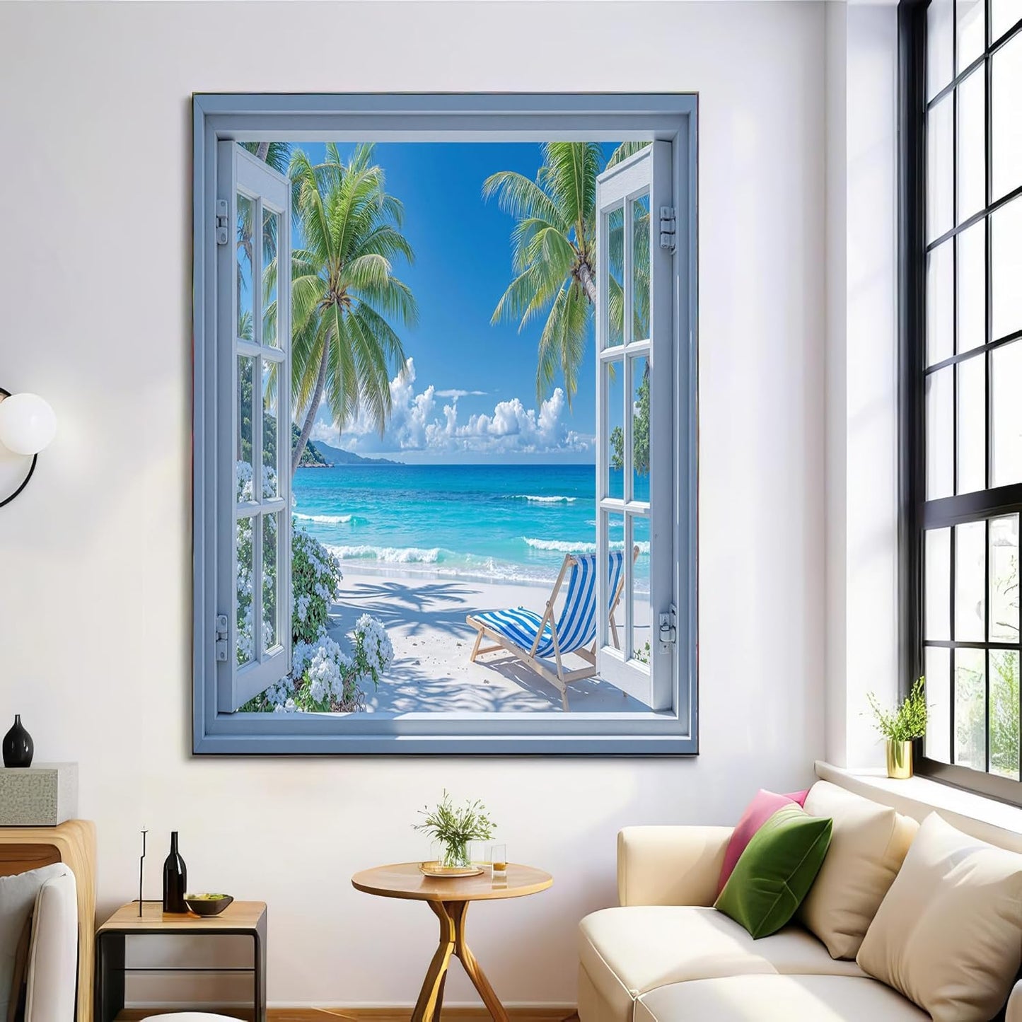 GDJSMIN Realistic White Window Wall Art, Beach View With Palm Trees Poster for Reading Room Living Room Decor 12x 16 inch Unframed
