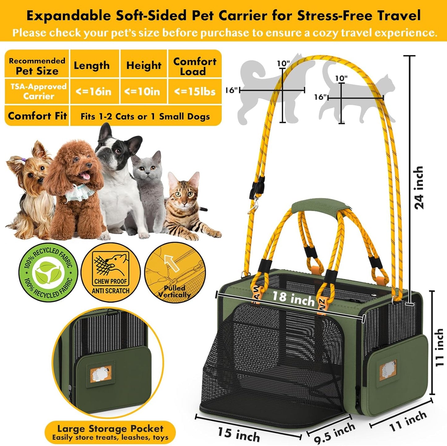 PAWZIDEA Expandable Pet Carrier Airline Approved, 18"×11"×11" Small Dog Carriers, Collapsible Top-Load Cat Carrier for 2 Cats Under Seat, Soft-Sided Puppy & Animal Travel Bag, ID Card, Up to 15lbs