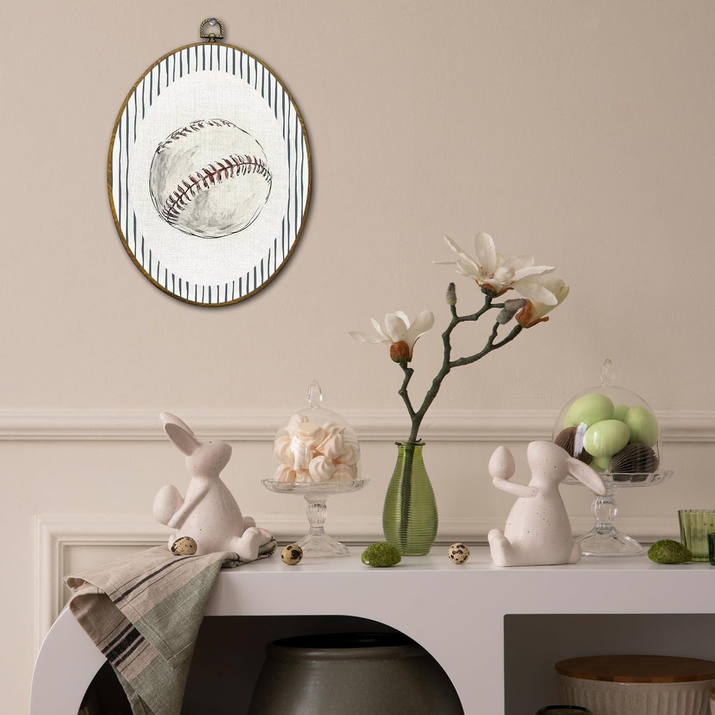 QZQE Retro Baseball Nursery Oval Wall Art Decor Framed, Boy Sports Nursery Oval Canvas Prints, Blue Striped Baseball Wall Hanging Decor for Kids Room Bedroom Playroom, 8.6x11.4 Inch