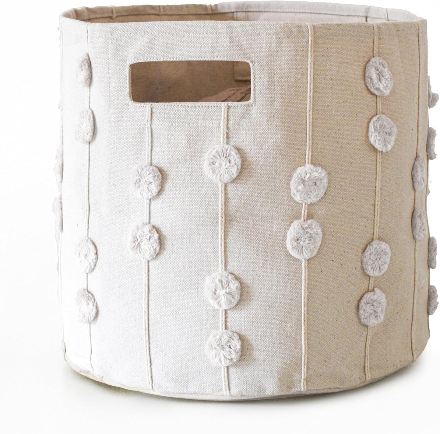 MakeMake Organics Storage Bins for Kids Nursery Bin Organizer (13"x12") Laundry Basket for Closet, Decorative Floor Storage Basket Canvas Fabric Storage Basket (Pompom - Ivory)