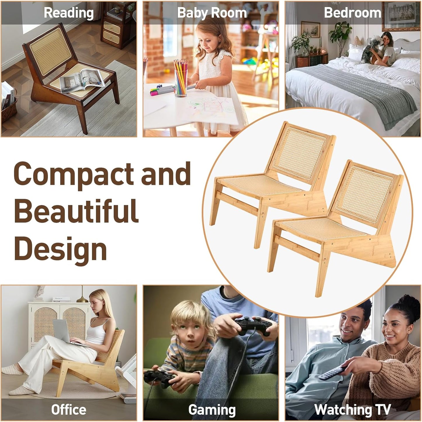 Welnow 2-Pcs Mid Century Rattan Accent Chair, Bamboo Wood Lounge Chair with Woven Cane Backrest, Low Armchair for Living Room, Bedroom, Balcony or Reading Corner, Natural