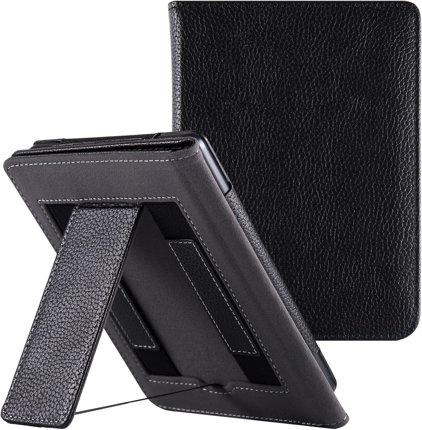 Stand Case for 6" Kobo Clara Colour (Model N367) / Clara BW (Model N365) / Clara 2E eReader - PU Leather Book Folio Sleeve Cover with Two Hand Straps and Auto Sleep/Wake (Classic Black)