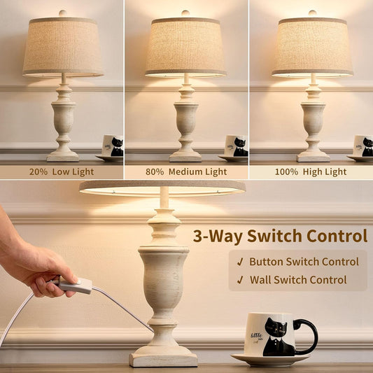 23" Farmhouse Table Lamps Set of 2, 3 Way Dimmable Lamps with 2 LED Bulbs and Rocker Switch, Vintage Nightstand Lamp for Bedroom Living Room Office End Table Entryway, White