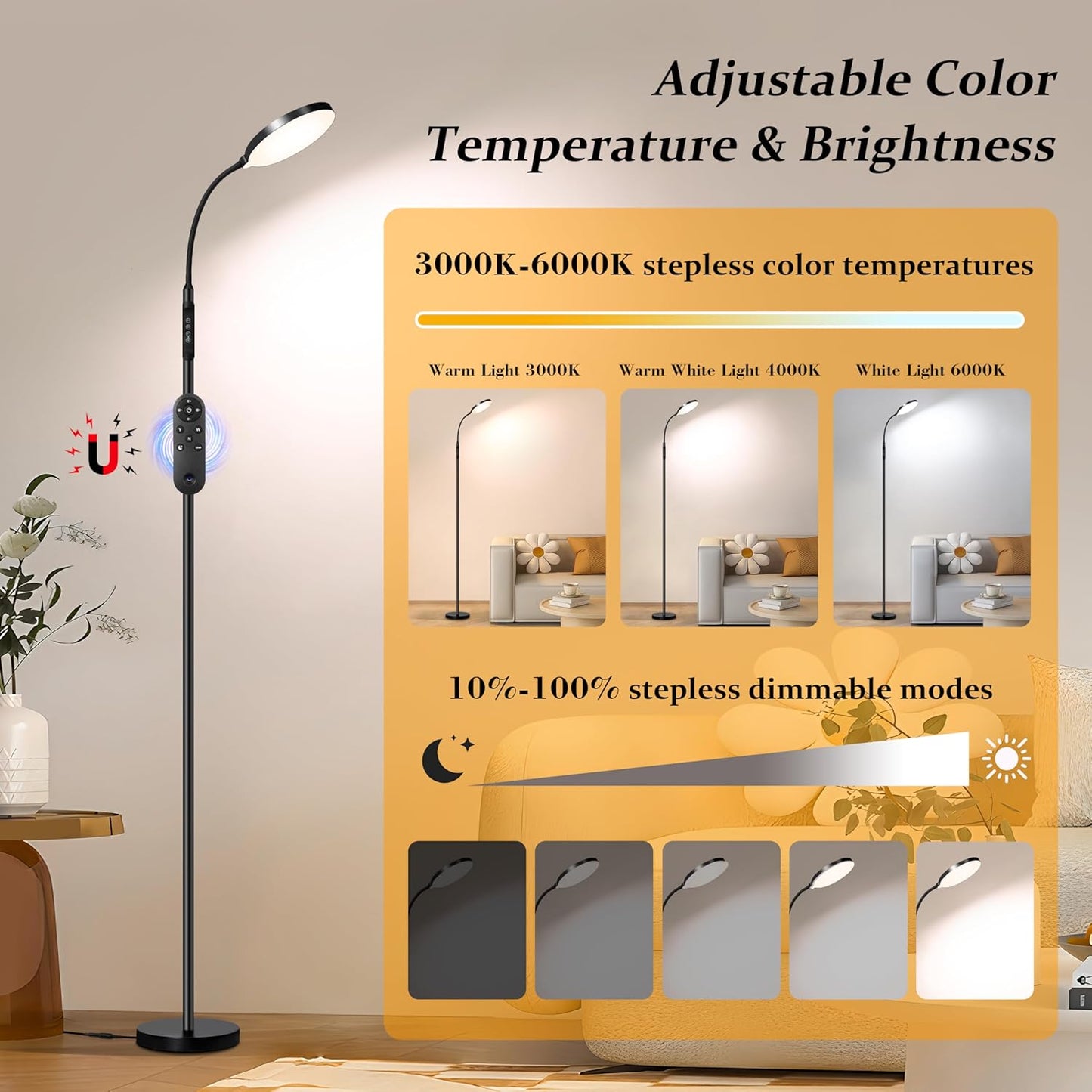 Eye-Caring Full Spectrum LED Floor Lamp, Magnetic Remote & Pole Control, Adjustable Gooseneck Dimmable 3000K-6500K, Stable Base for Living Room Bedroom Office Reading, Black