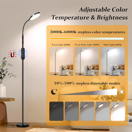 Eye-Caring Full Spectrum LED Floor Lamp, Magnetic Remote & Pole Control, Adjustable Gooseneck Dimmable 3000K-6500K, Stable Base for Living Room Bedroom Office Reading, Black