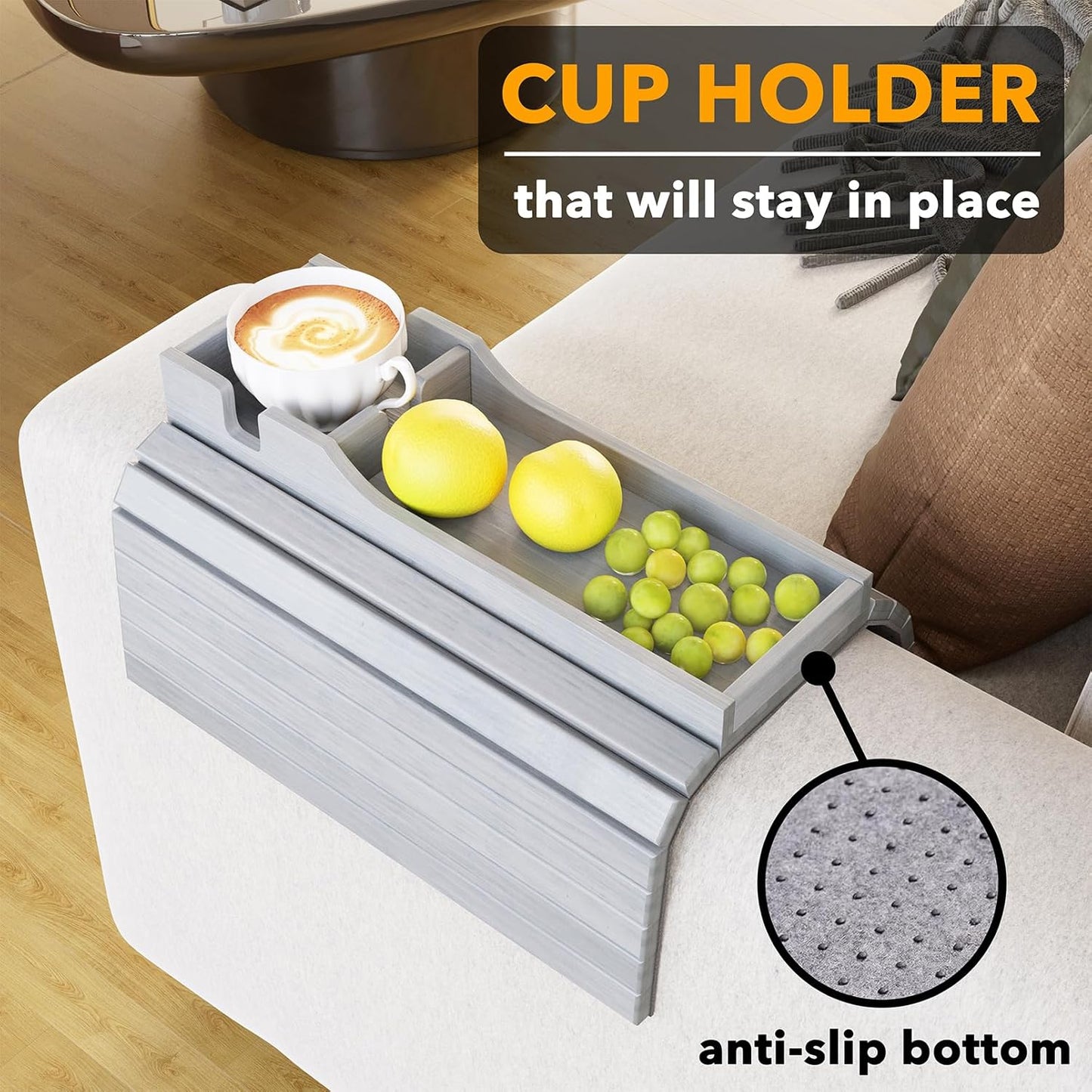 SpaceAid Bamboo Couch Cup Holder, Anti Falling Foldable Sofa Armrest Tray with Cup Holder, Couch Arm Side Table Organizer for Drink Cup Remote Snacks (Gray)
