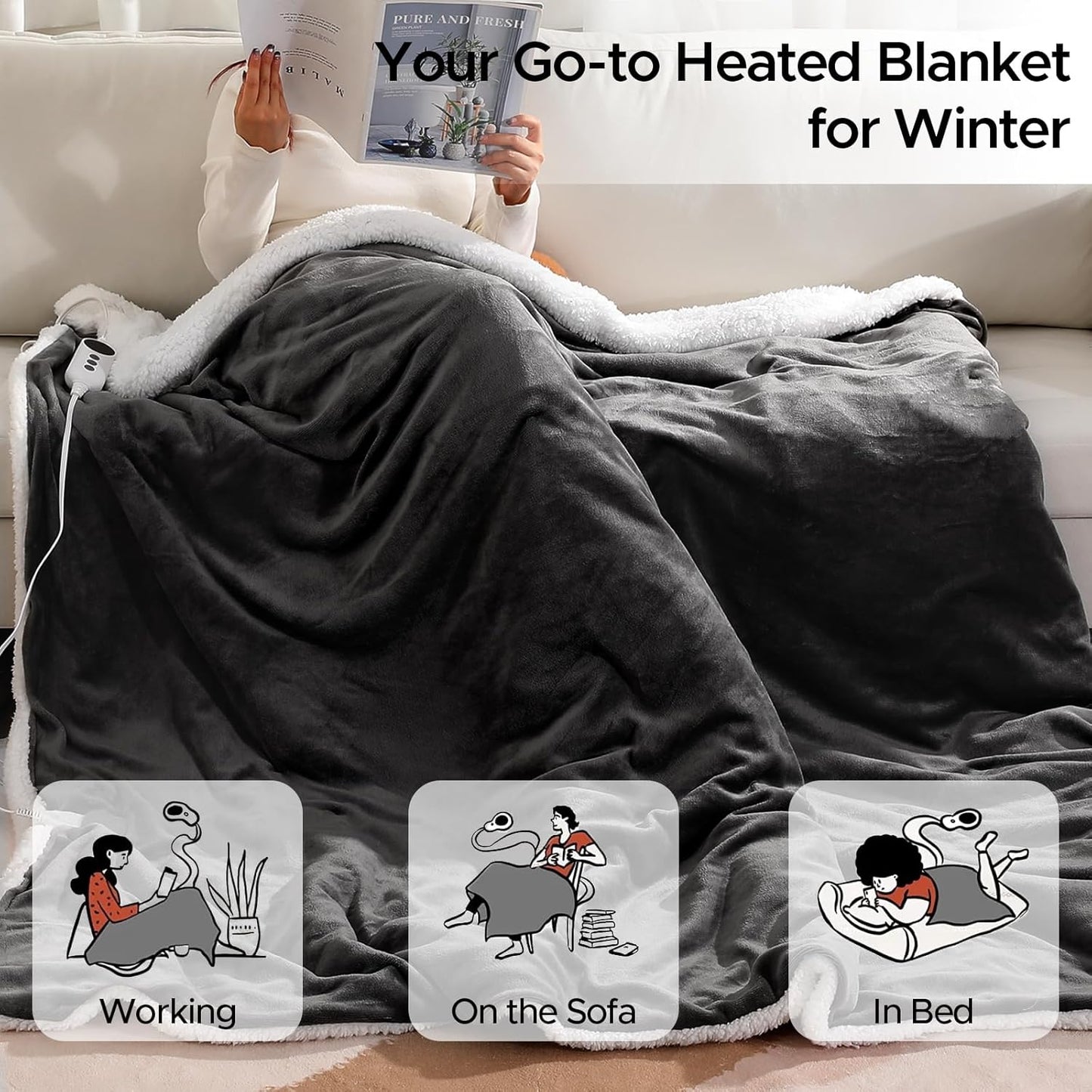 Electric Heated Blanket Throw 50"x60" - Soft Cozy Flannel & Sherpa Fabric Dual-Sided, 9 Heat Settings & 2-10 Hours Auto Off, Warming Heated Throw for Home Office, Machine Washable, Dark Gray