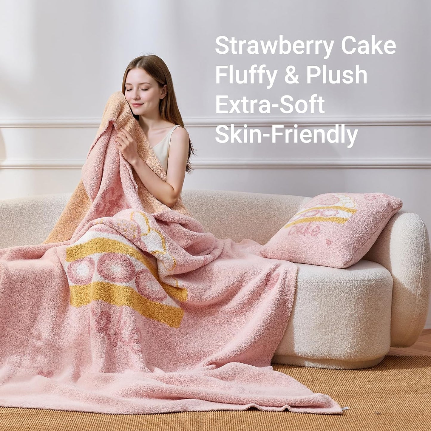 YIRUIO Strawberry Cake Plush Blanket & Pillowcase Set,Ultra Soft Cozy Warm Thick Fuzzy Fluffy 50x60 Throw Pink with 18x18 Pillow Cover for Bed Sofa Couch Home Decor Gift