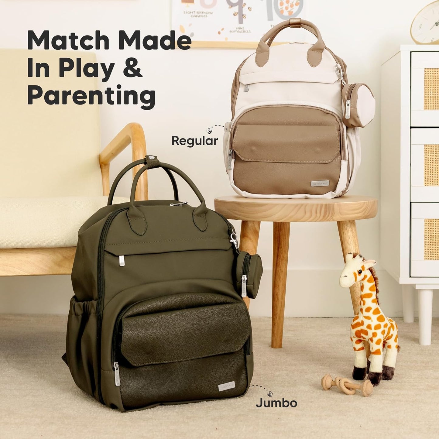 KeaBabies Diaper Bag Backpack - Multifunctional Travel Diaper Back Packs, Maternity Baby Changing Bags, Compact 18L Capacity, PU Leather, Waterproof, Unisex, Nappy Changing Pad (Dark Olive)
