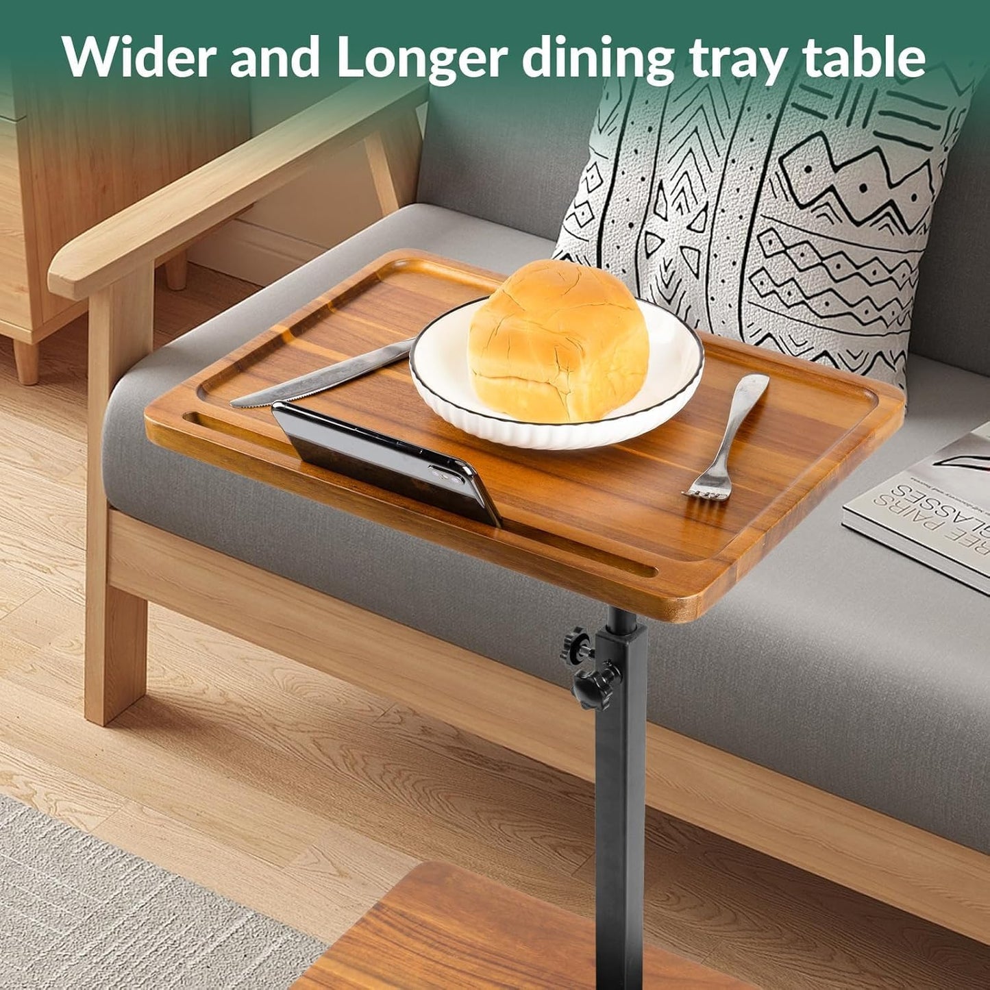 Large Solid Wood Acacia Wood Couch Table,Height Adjustable C Table with Phone & Tablet Slot,Swivel TV Trays for Eating on Couch, Bedroom or Livingroom, Oblong