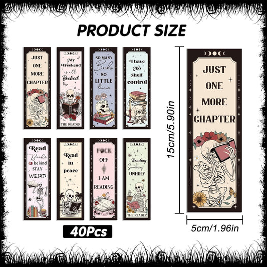 Gothic Skull Bookmarks Gifts: 40 Pcs Skeleton Reading Book Marks Bulk, Horror Theme Page Marker Clips for Women Men Book Lovers, Spooky Gifts for Halloween School Office Supplies