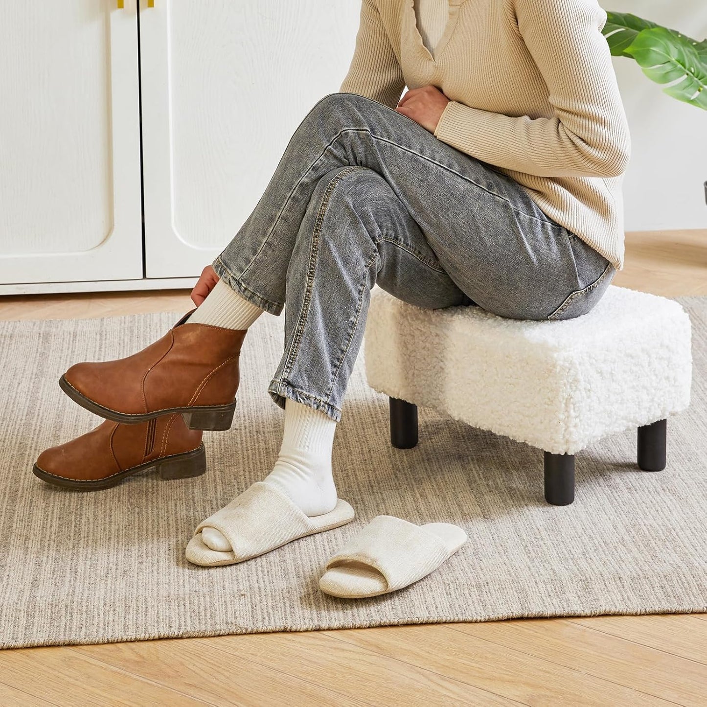 YMYNY Foot Stool Small, Foot Rest Ottoman with Stable Wooden Legs Under Desk, Sofa Footstool for Living Room, Bedroom,Office 16.54''L x 11.42''W x 9.06''H White URF-BD216