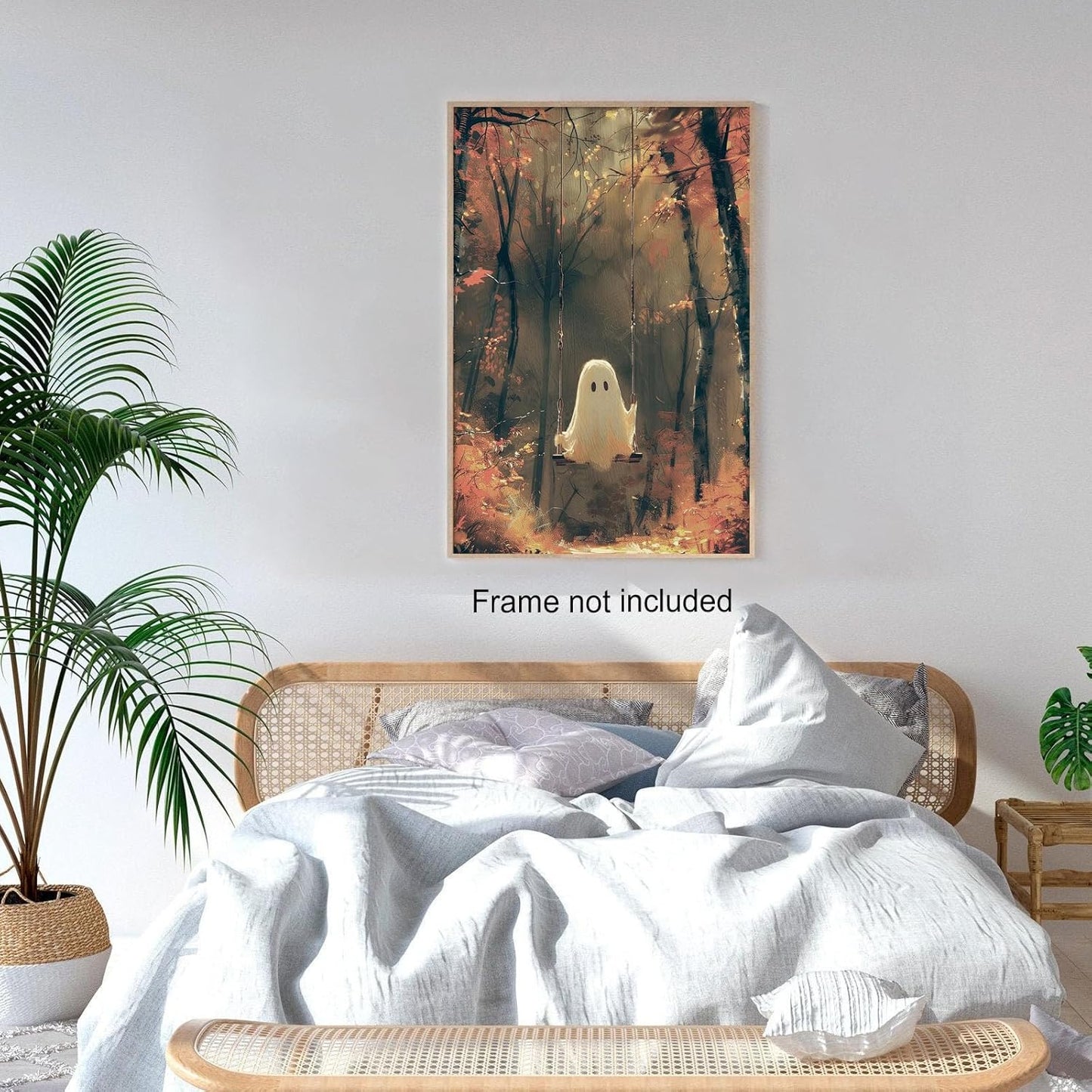 Vintage Cute Ghost Canvas Wall Art Funny Ghost on A Swing in The Forest Aesthetic Poster Gothic Dark Academia Wall Decor Spooky Fall Gothic Cute Decor 11x14in Unframed