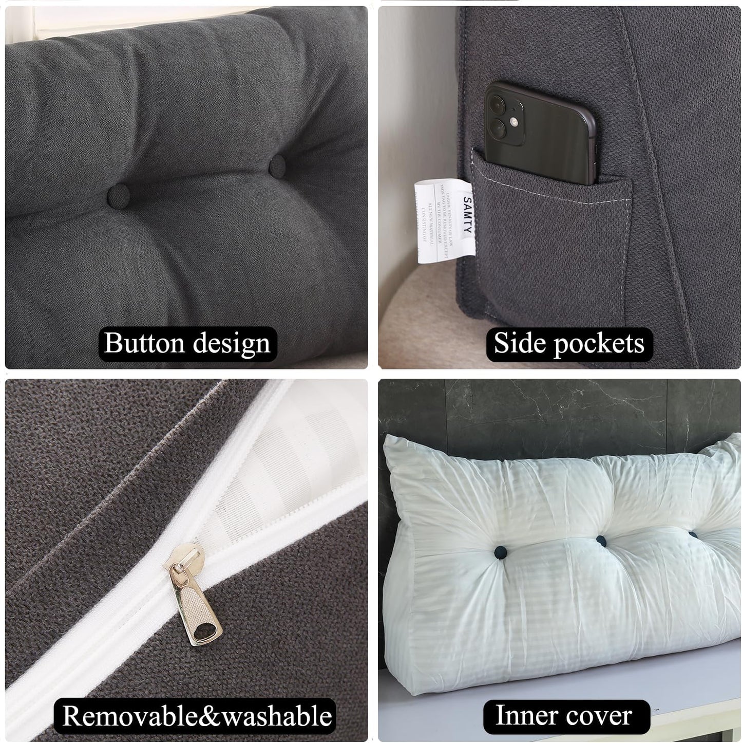 SAMTY Triangular Wedge Pillow headboard for Couch Large headboard Pillow with Removable Cover Back Rest Pillows for Sitting up in Bed Twin XL Size, Dark Gray