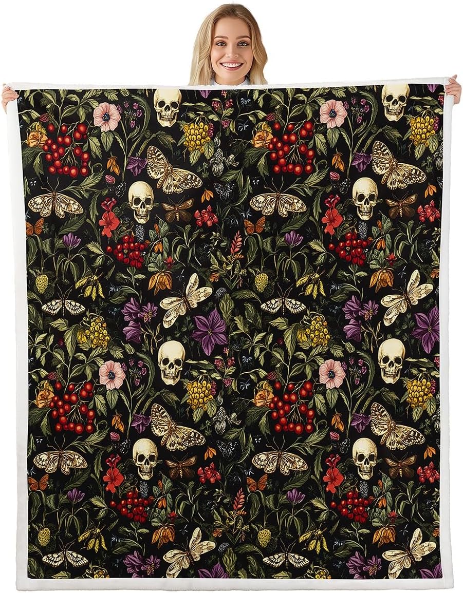 Feelyou Sugar Skull Sherpa Fleece Throw Blanket - Camo Gothic Skull Floral Plush - 40"x50" Botanic Fuzzy Blanket