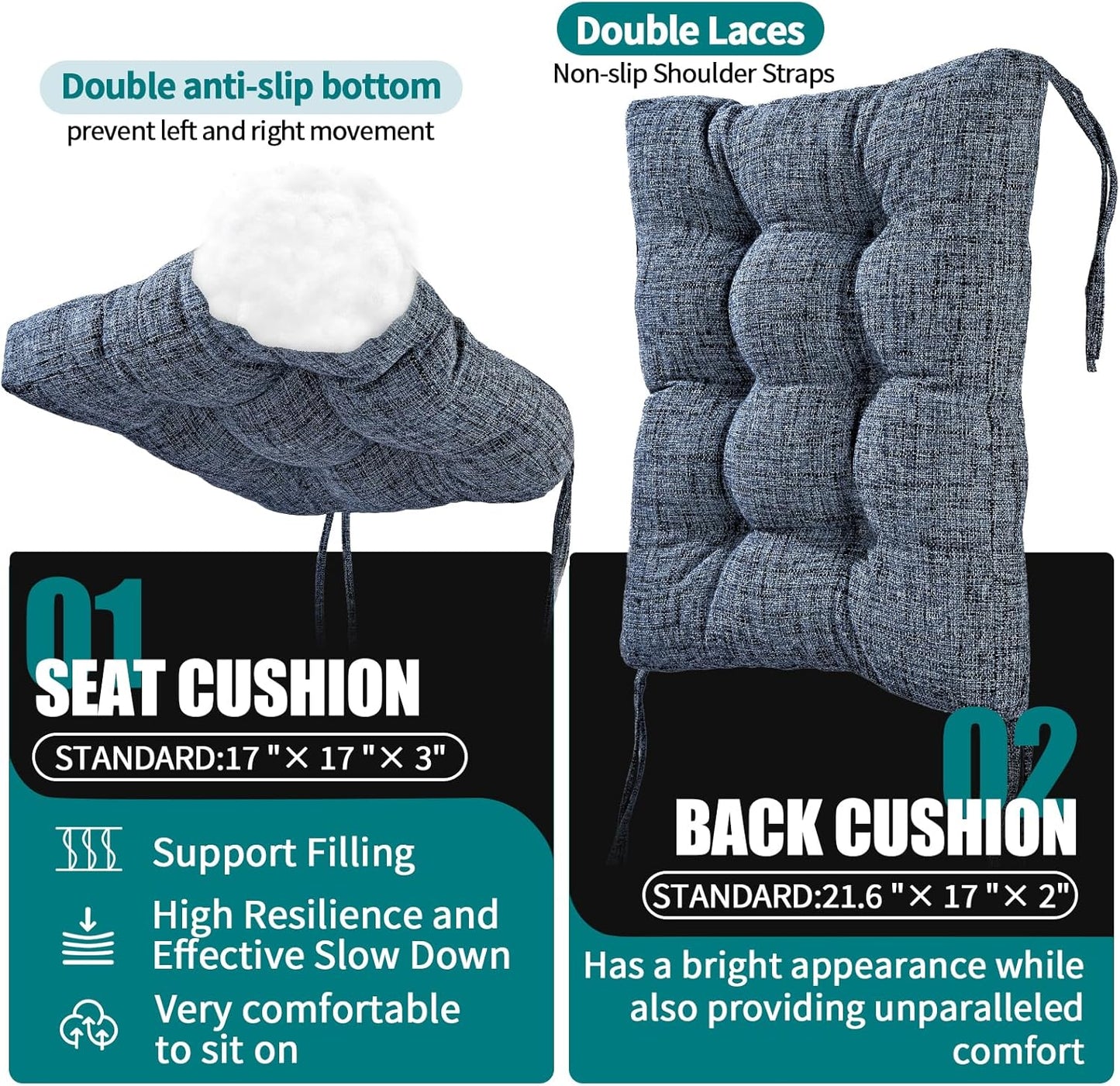 SINOSSO Rocking Chair Cushion Set with Thick Padding, Back Pillow & Seat Cushion with Ties, Modern Interwoven Style Indoor Living Room Rocker Chair Pads for Elderly Sitting, Blue