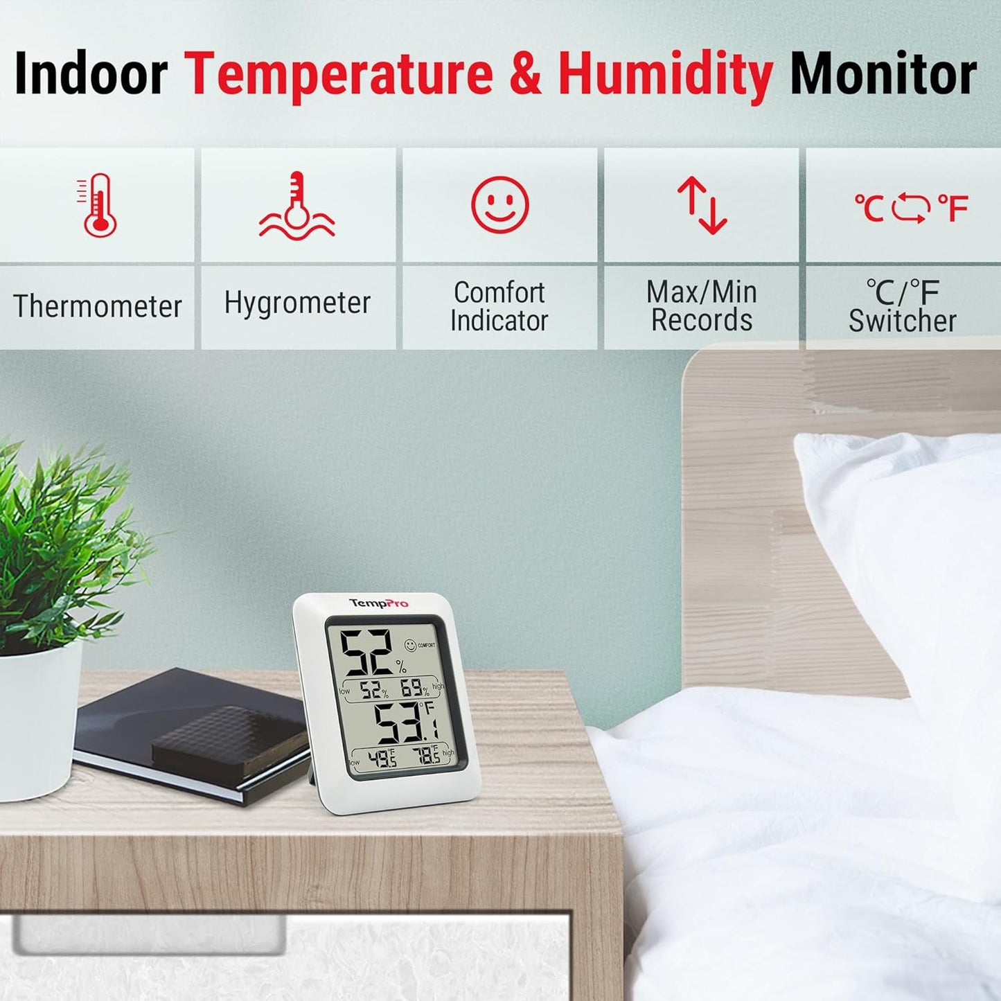 TempPro TP50 2 Pieces Digital Hygrometer Indoor Thermometer Room Thermometer and Humidity Gauge with Temperature Humidity Monitor(Previously ThermoPro)