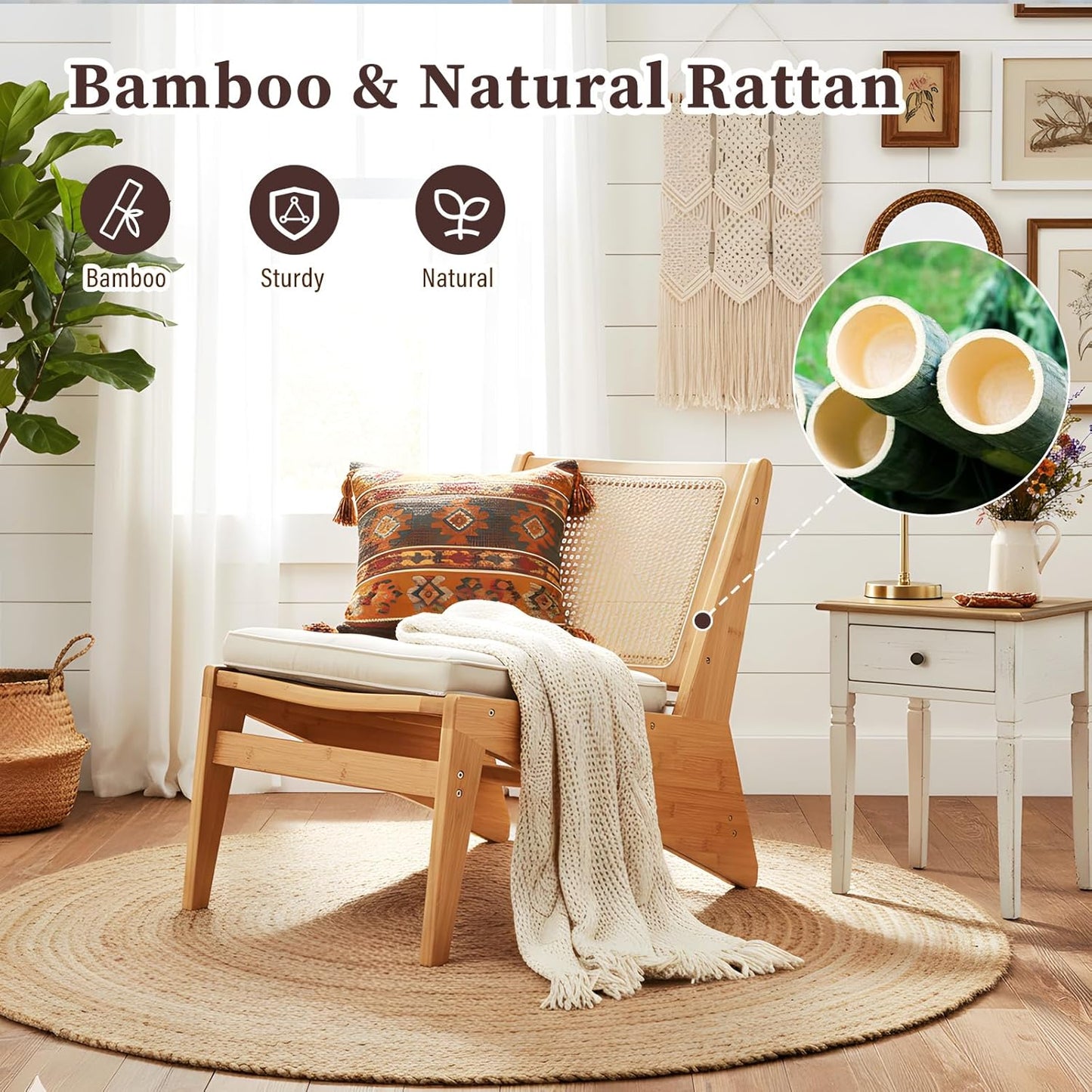 Rattan Chair 2Pcs, Mid Century Modern Accent Chair, Leisurely Reading Chair for Living Room（Wood）