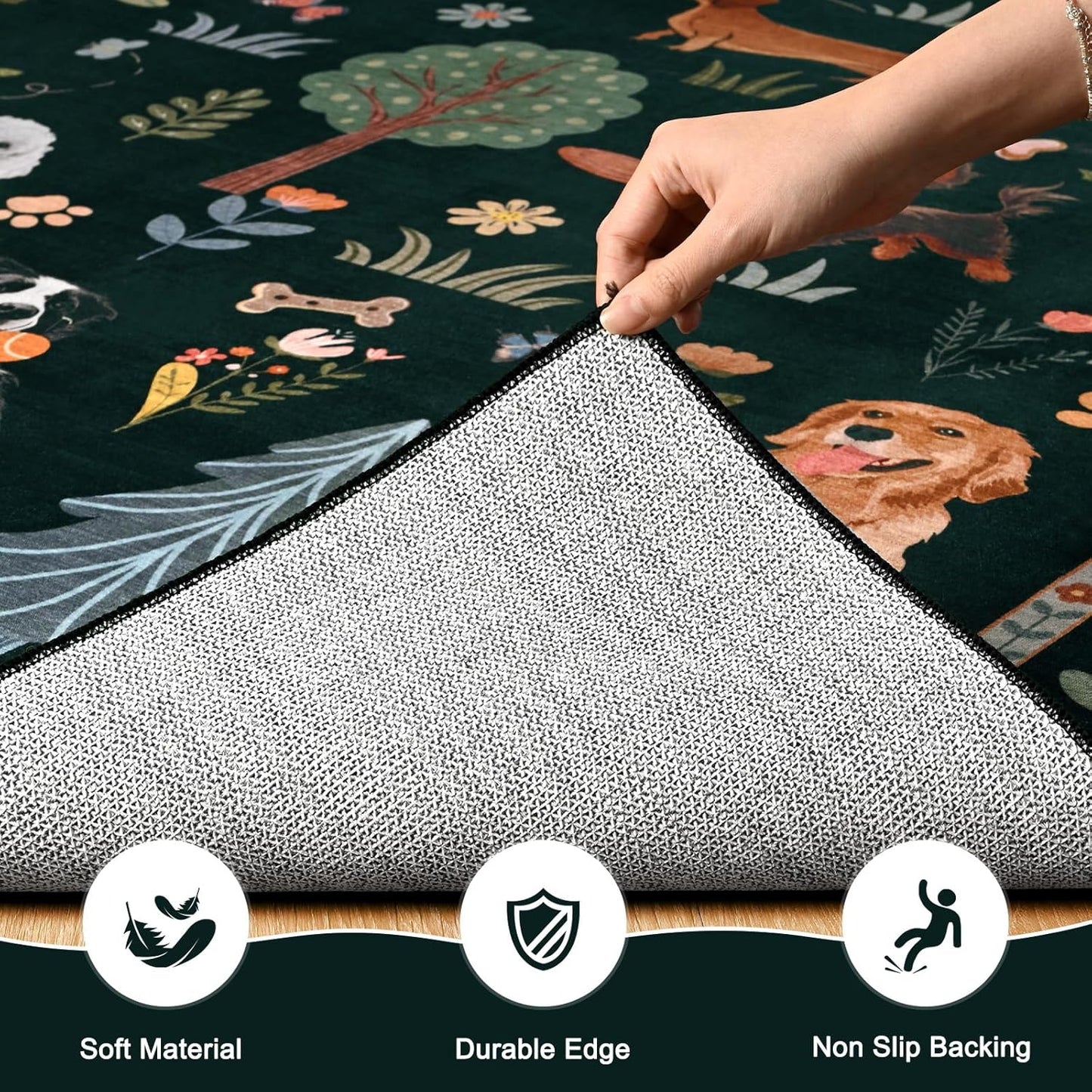 ST. BRIDGE 5x7 Black Living Room Rug, Washable Large Area Rug with Non Slip Backing, Soft Stain Resistant Dog Rugs, Low Pile Animal Indoor Carpet for Kids Room Bedroom Dining Room Home Office