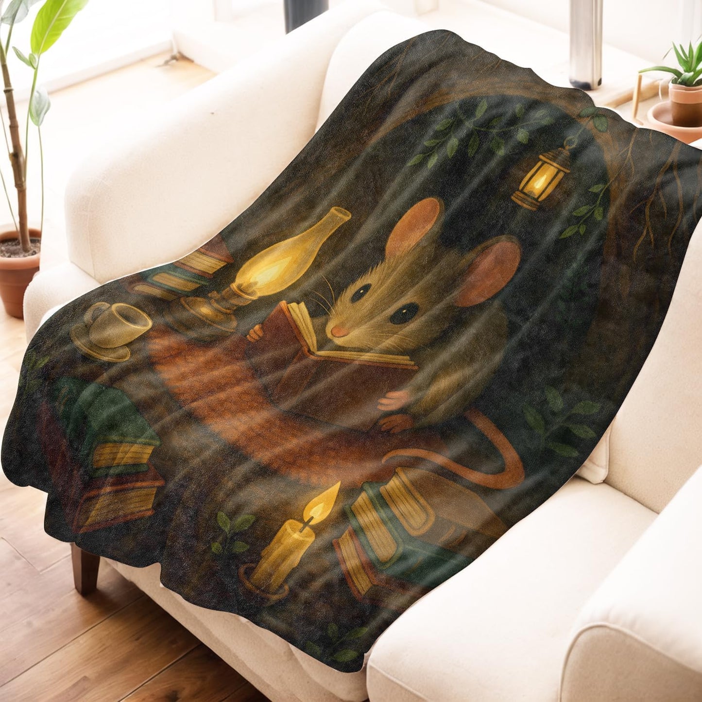 Reading Mouse Blanket, Retro Rat Flannel Throw Blankets, 50"x60", Soft Warm Lightweight Fuzzy Cozy Throws for Couch Bed Sofa Living Room Travel Camping Decorative Gifts for Book Lover Kids
