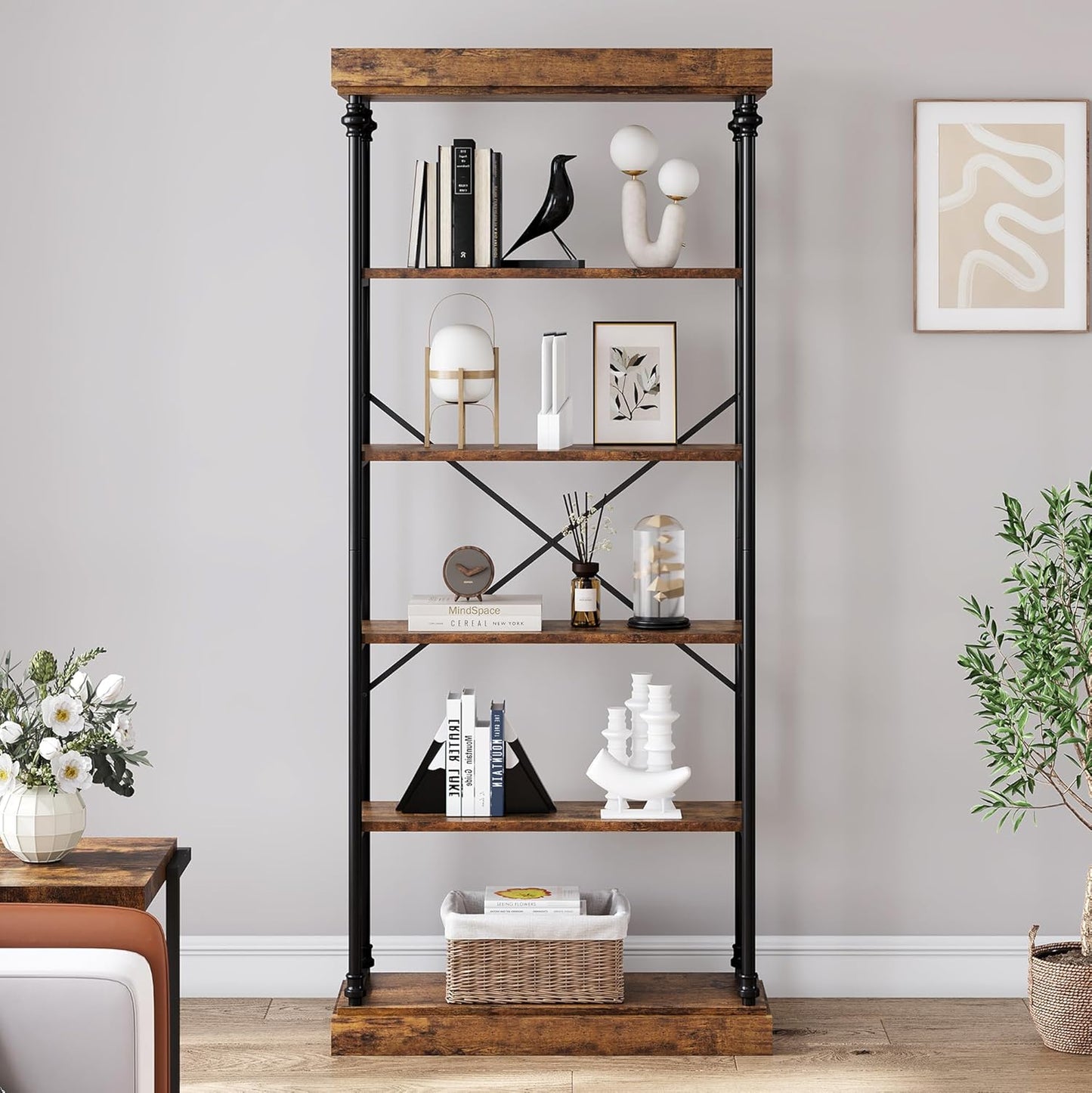 GarveeHome 6 Tier Bookshelf Industrial Bookcase Wood Tall Standing Bookshelves Wood Vintage Display Rack Rustic Bookshelf