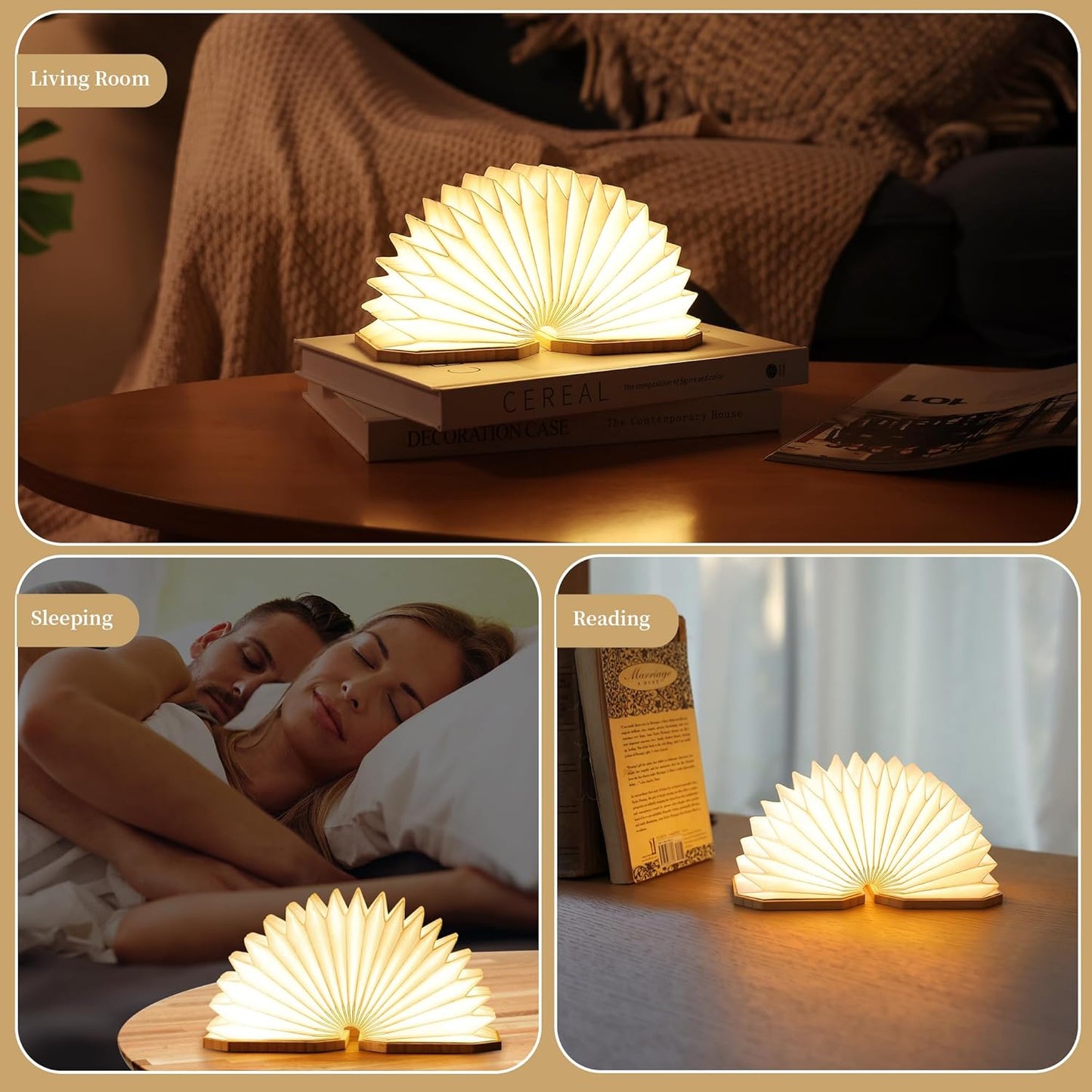 Paper Lamp Japanese Gifts House Warming Gifts, Book lamp 3 Colors Lights Mode, Foldable Japanese Lamp, Bamboo Base Paper Lantern Lights 1200mAh, Book Decor, Zen Decor Spiritual Gifts