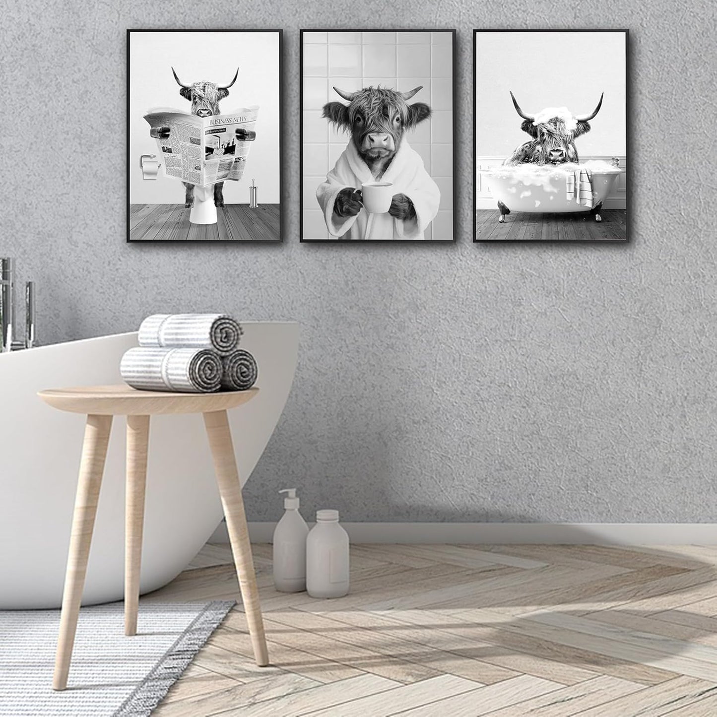 3pcs Funny Highland Cow Bathroom Wall Art Black and White Animal Poster Prints Newspaper Reading Bathtub Highland Cow Pictuer Painting Rustic Farmhouse Bathroom Wall Decor（16×24in Unframed）