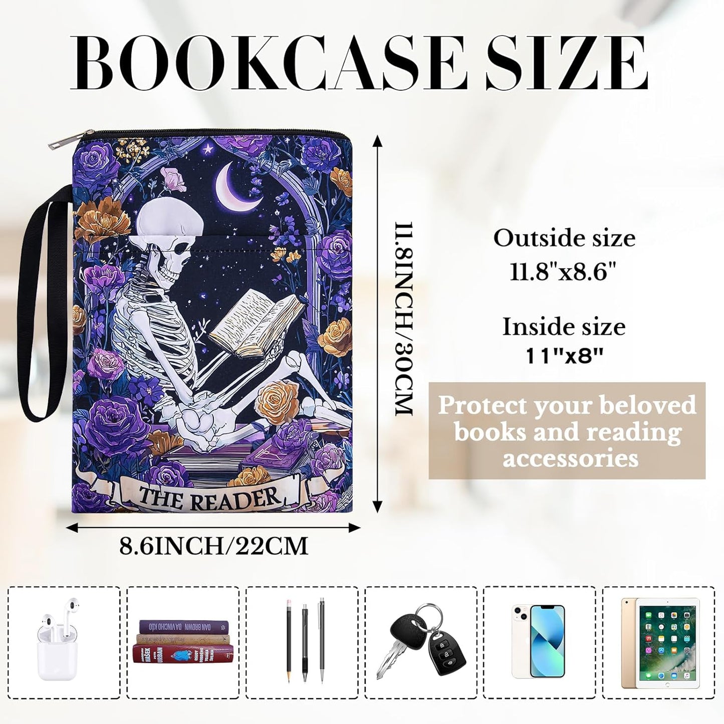 Gothic Skeleton Book Sleeve - Floral Books Covers Protector with Zipper and Pocket for Paperbacks Reading Lover Accessories Birthday Halloween Christmas Gift for Women Teacher Student