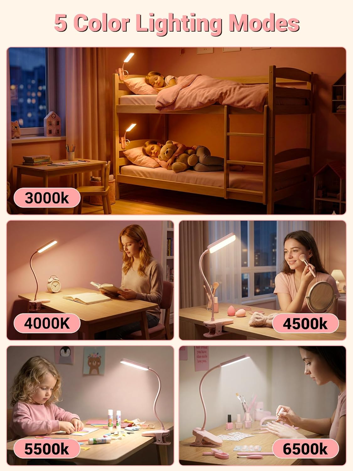 Pink Desk Lamp with Clamp Light,9 Brightness+5 Color Clip on Light,4000mAh Battery Rechargeable Desk Lamp Cute,48 LED Desk Light,Cordless Small Clip on Reading Light for Bed/Headboard/Bedside Table