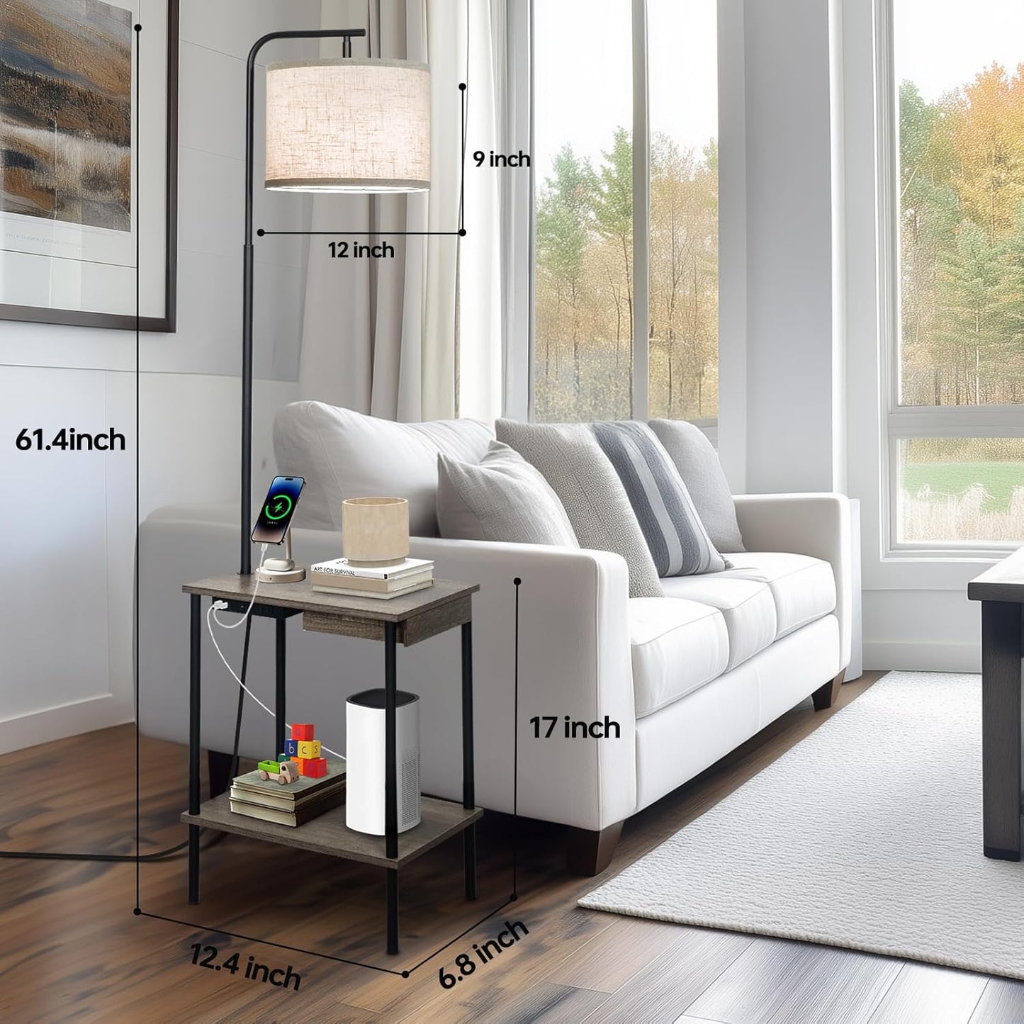 Floor Lamp with Table & Drawers, End Table Lamp with USB Charging Portt Power Outlet and Shelves, Side Table Reading Light with 3 Color Temperature Led Bulb Included for Living Room, Gray