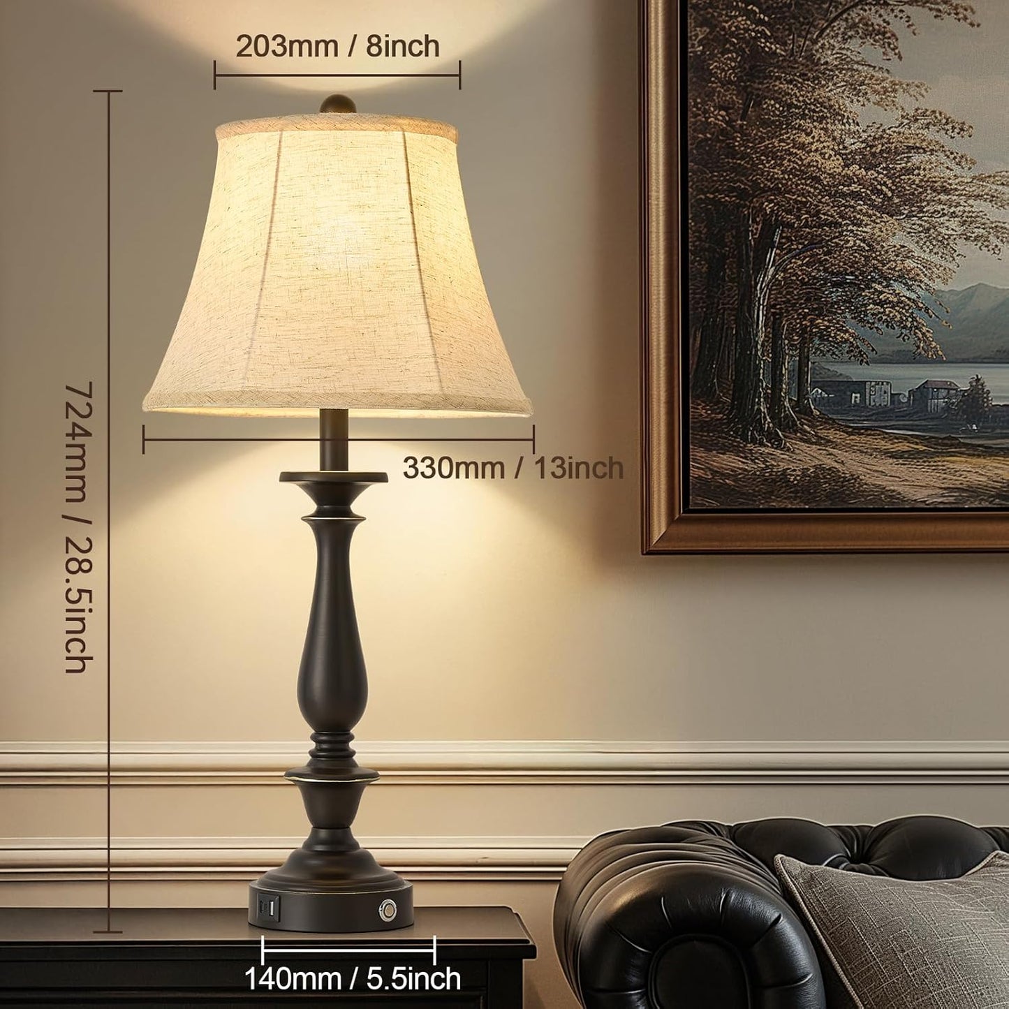AIDENOEY 28.5" Traditional Table Lamp Set of 2, Rustic Farmhouse Table Lamps for Living Room Bedroom, Bedside Desk Lamps Vintage Nightstand Lamps with Silk Fabric Shades, Black Sweep White Gold
