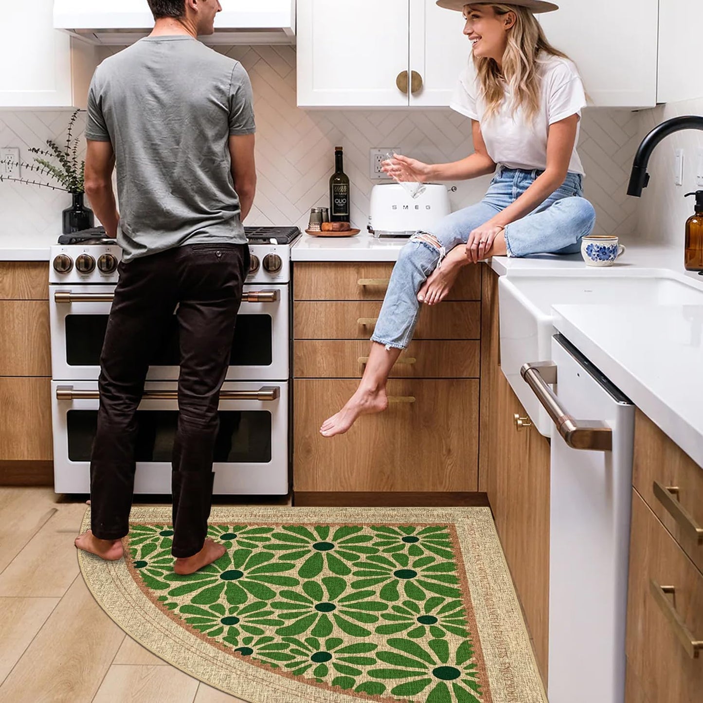 SHIYUE Triangle Corner Rug Kitchen Rugs Washable Non Slip Area Rug Water, Comfort Soft Rubber Standing Sink Mat Bathroom and Bedroom Laundry Mat(32in Green Flower)