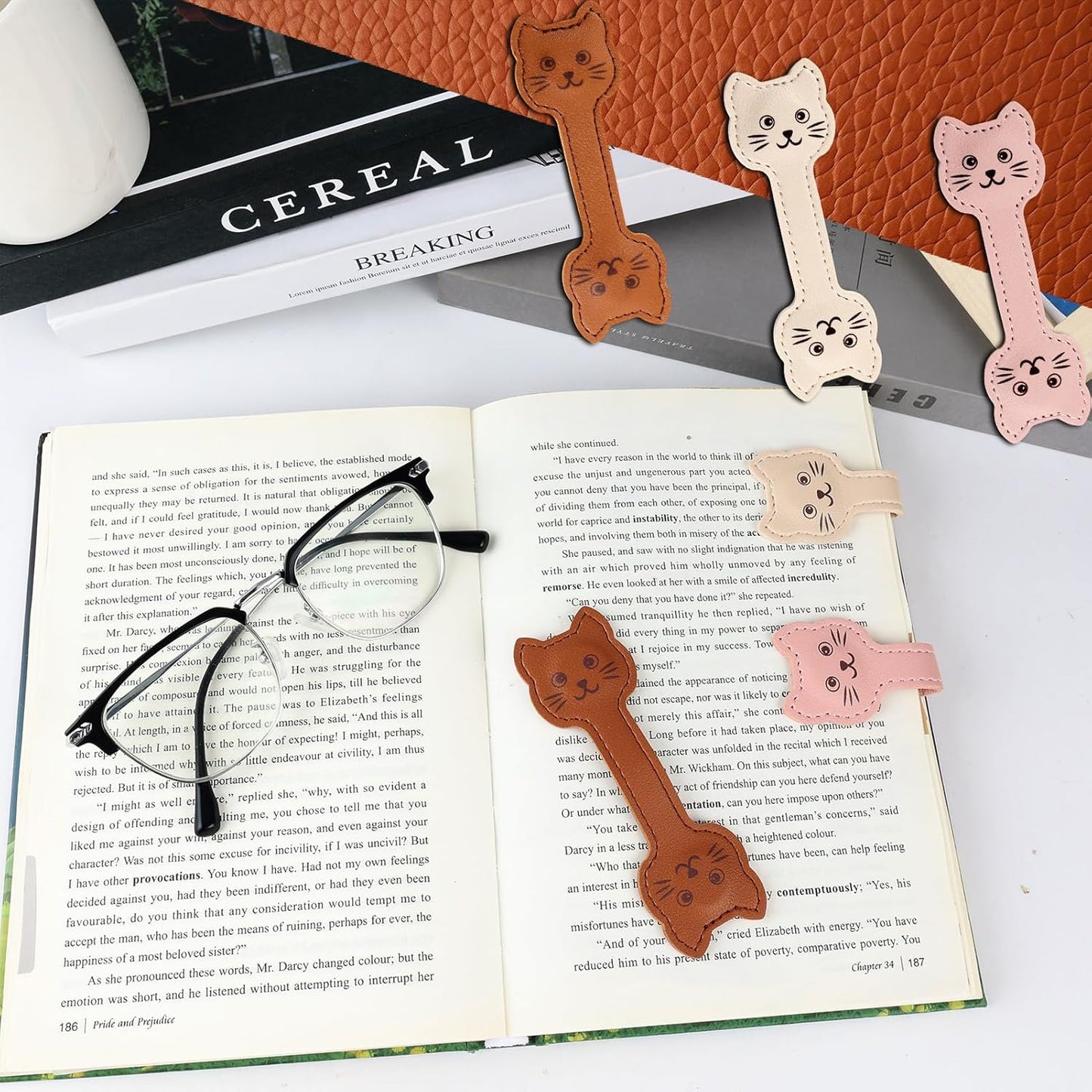 Zkptops Magnetic Leather Bookmarks Cute Cat Book Markers for Reading Women Men Strong Magnet Bookmark Clips Page Mark Unique Books Accessories Gifts for Book Lovers Teachers Students Reader (Brown)