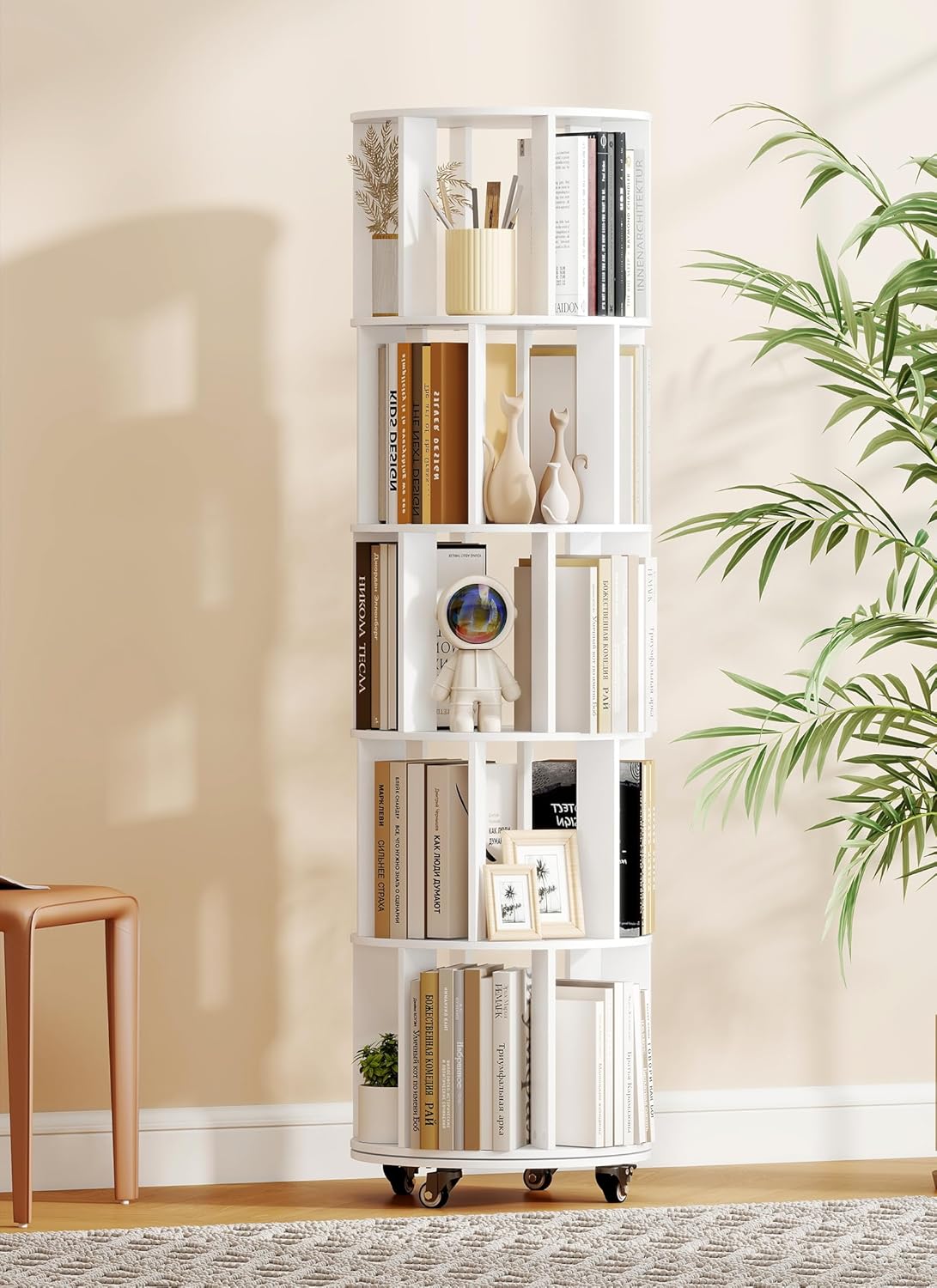 5 Tier 360° Rotating Bookshelf, Adjustable Small Space Bookcase on Wheels, Revolving Round Wood Bookshelves, Tall Narrow Storage Book Shelf Tower for Bedroom Office Kids Room (White)
