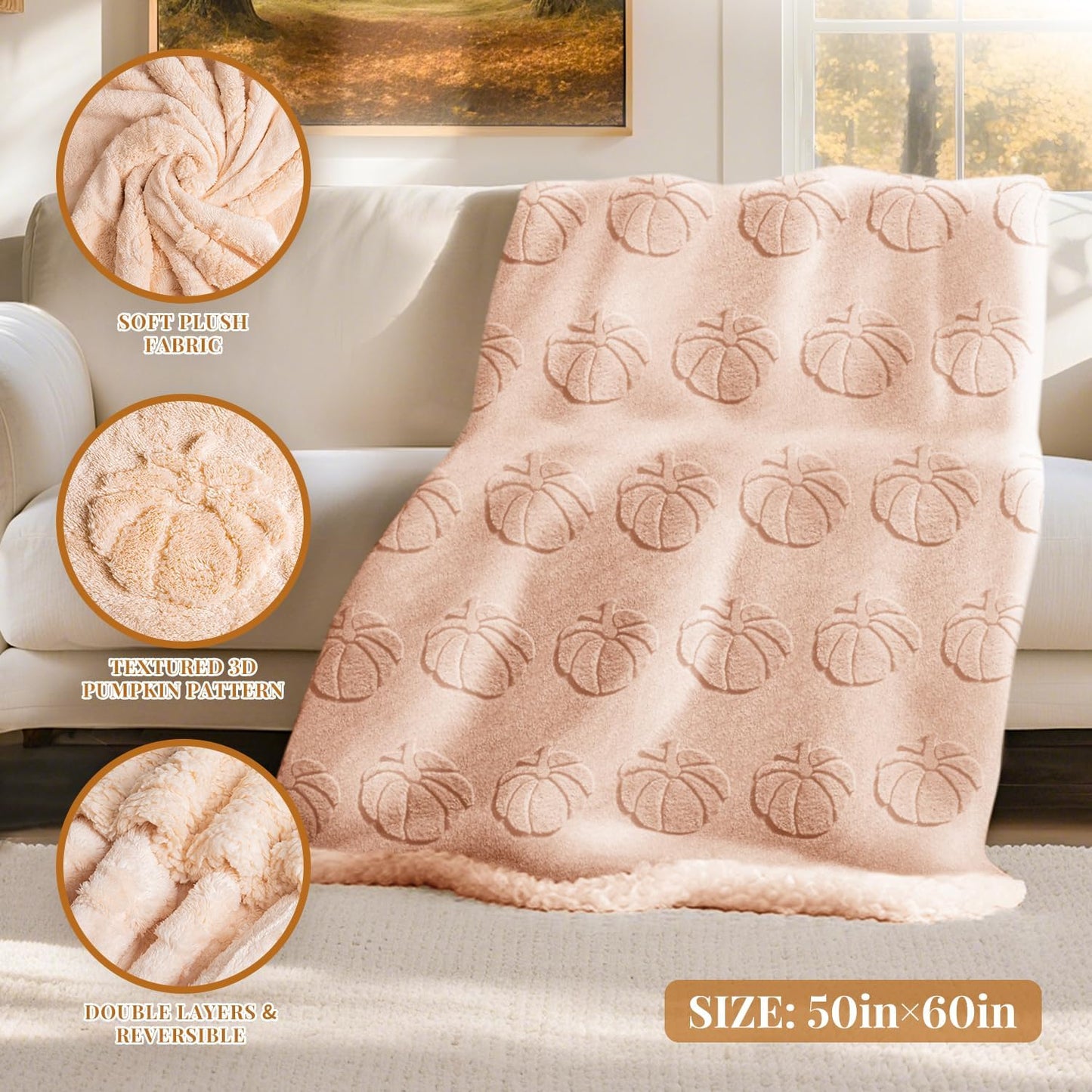 Lanpn Fall Fur Throw Blanket, 530GSM Sherpa Fleece Throws for Couch Sofa, Soft Fluffy 3D Pumpkin Blankets, Autumn Plush Cozy Blanket, Thanksgiving Home Bed Living Room Decor Gift, 50x60, Beige