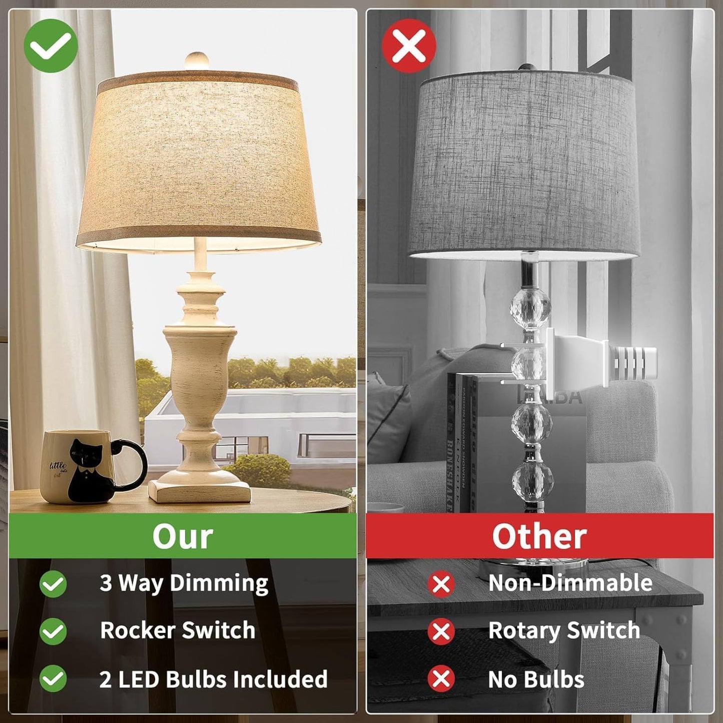 23" Farmhouse Table Lamps Set of 2, 3 Way Dimmable Lamps with 2 LED Bulbs and Rocker Switch, Vintage Nightstand Lamp for Bedroom Living Room Office End Table Entryway, White