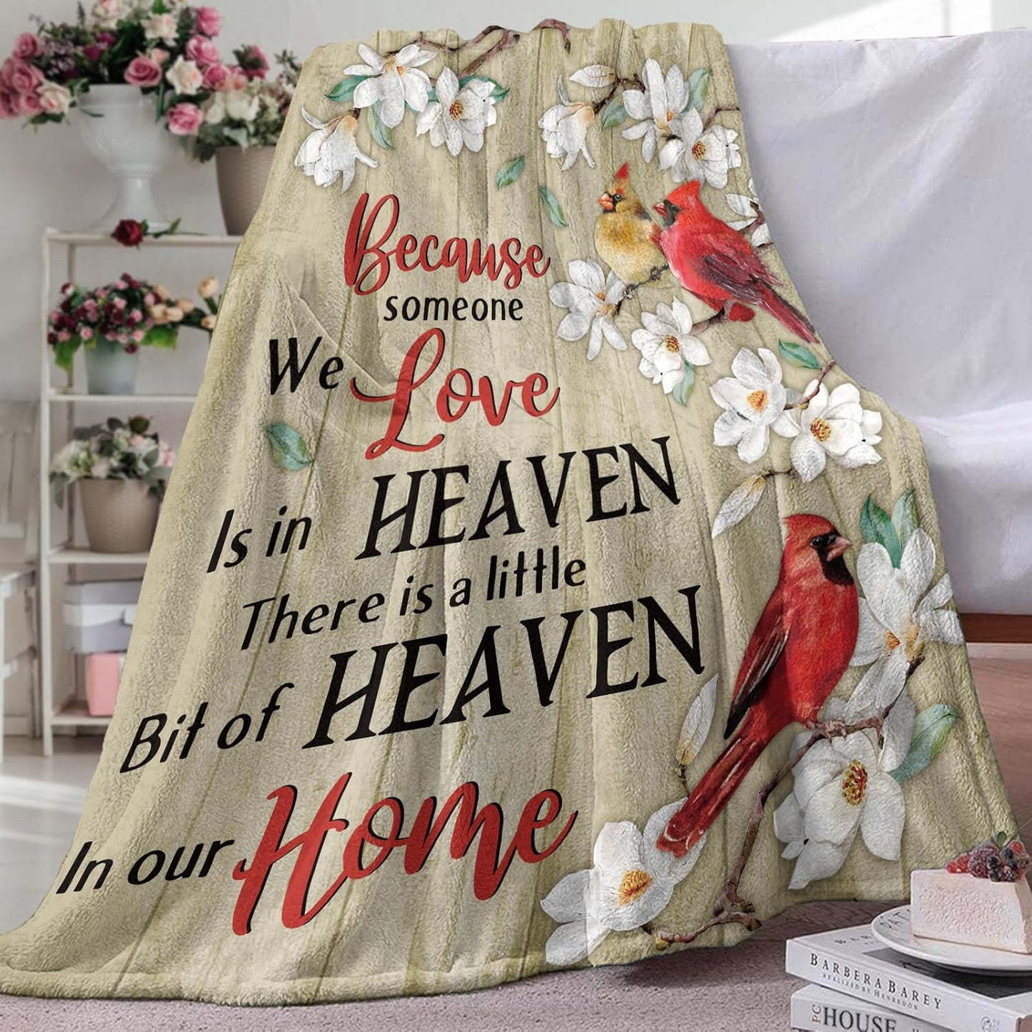 Memorial Cardinal Flannel Throw Blanket, Sympathy Gifts for Memory Lost Loved Ones Friends Family Members, Red Birds Magnolia Flower Farmhouse Soft Blankets for Bedding Sofa 50 x 60 Inches