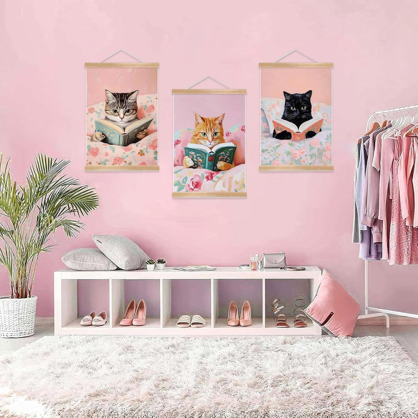Funny Cat Canvas Wall Art Set of 3, Pink Cute Cat Lovers Wall Decor Paintings,Vintage Cats Posters Prints Pictures For Nursery Girls Room Bedroom Kids Room Girls Study Room 12x16 Inch Framed
