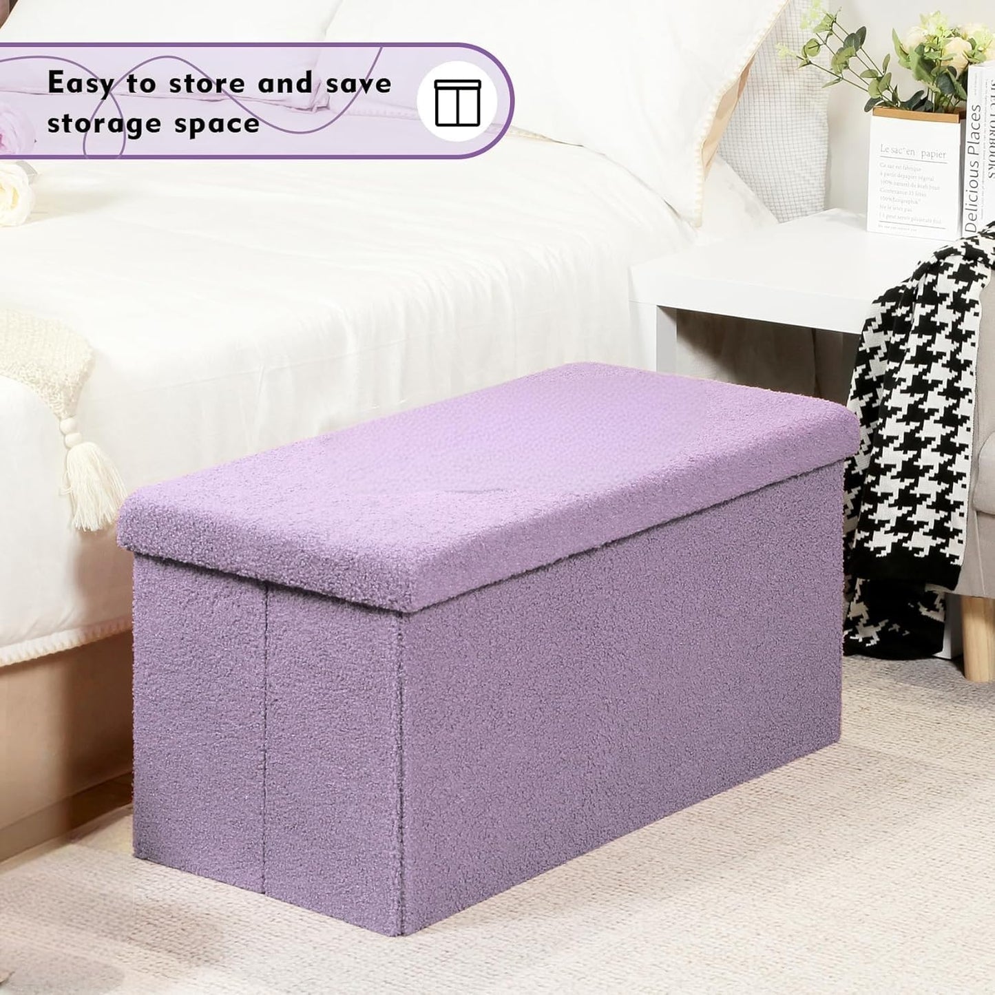 PINPLUS Folding Storage Ottoman Bench, Sherpa Ottoman with Storage, Large Long Shoes Bench Chest with Lid, Footrest for Living Room, Entryway, Purple, 31.5'' x 15.7'' x 15.7''