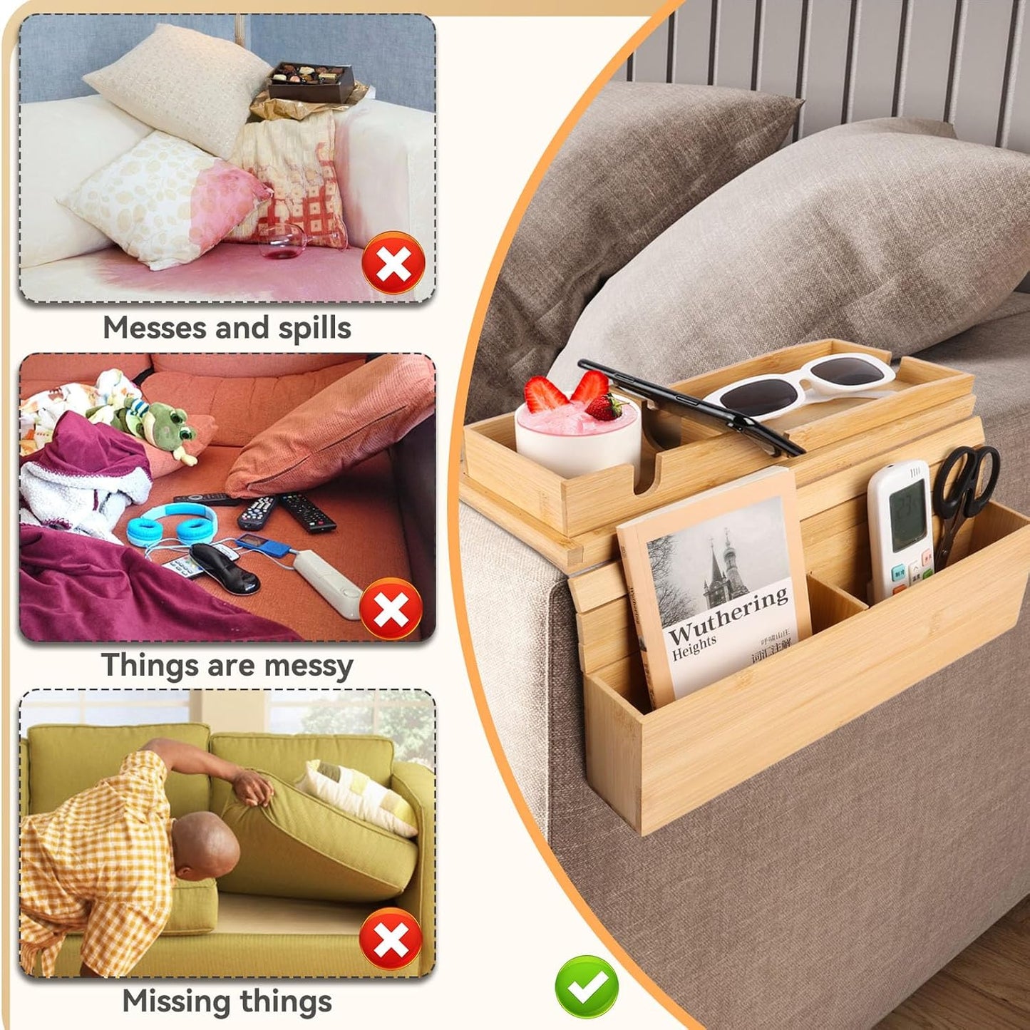 Bamboo Sofa Arm Tray, 2-in-1 Foldable Couch Armrest Tray with Detachable Cup Holder,Couch Arm Table for Armrests 5.5"–10.5" Wide,Anti-Falling Sofa Table for Drink,Cups,Phone,Snacks,Remote
